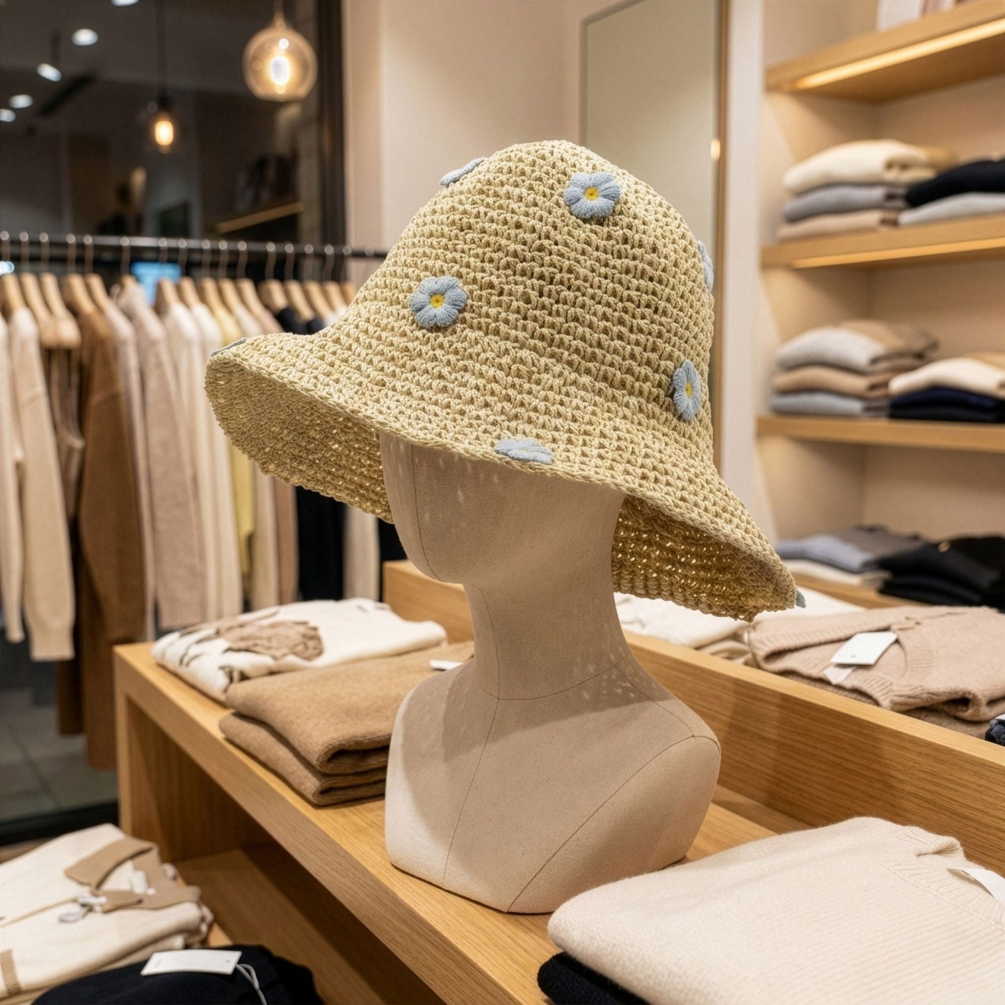 Sombrero de paja natural con flores azules, estilo bohemio, perfecto para la primavera y el verano.