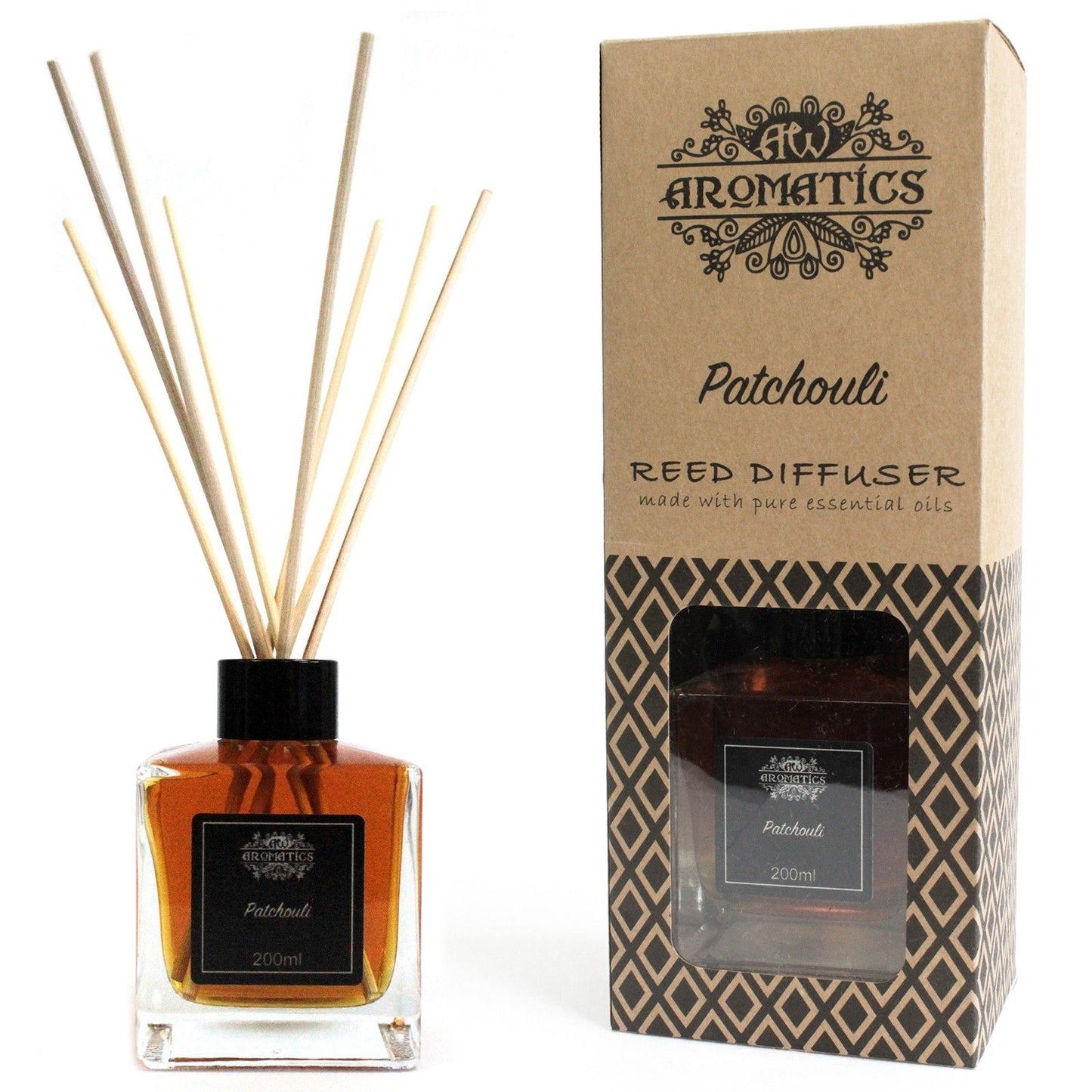 Difusor de varillas de pachuli, 200ml, cristal ámbar, diseño elegante con caja kraft, aroma a aceites esenciales.