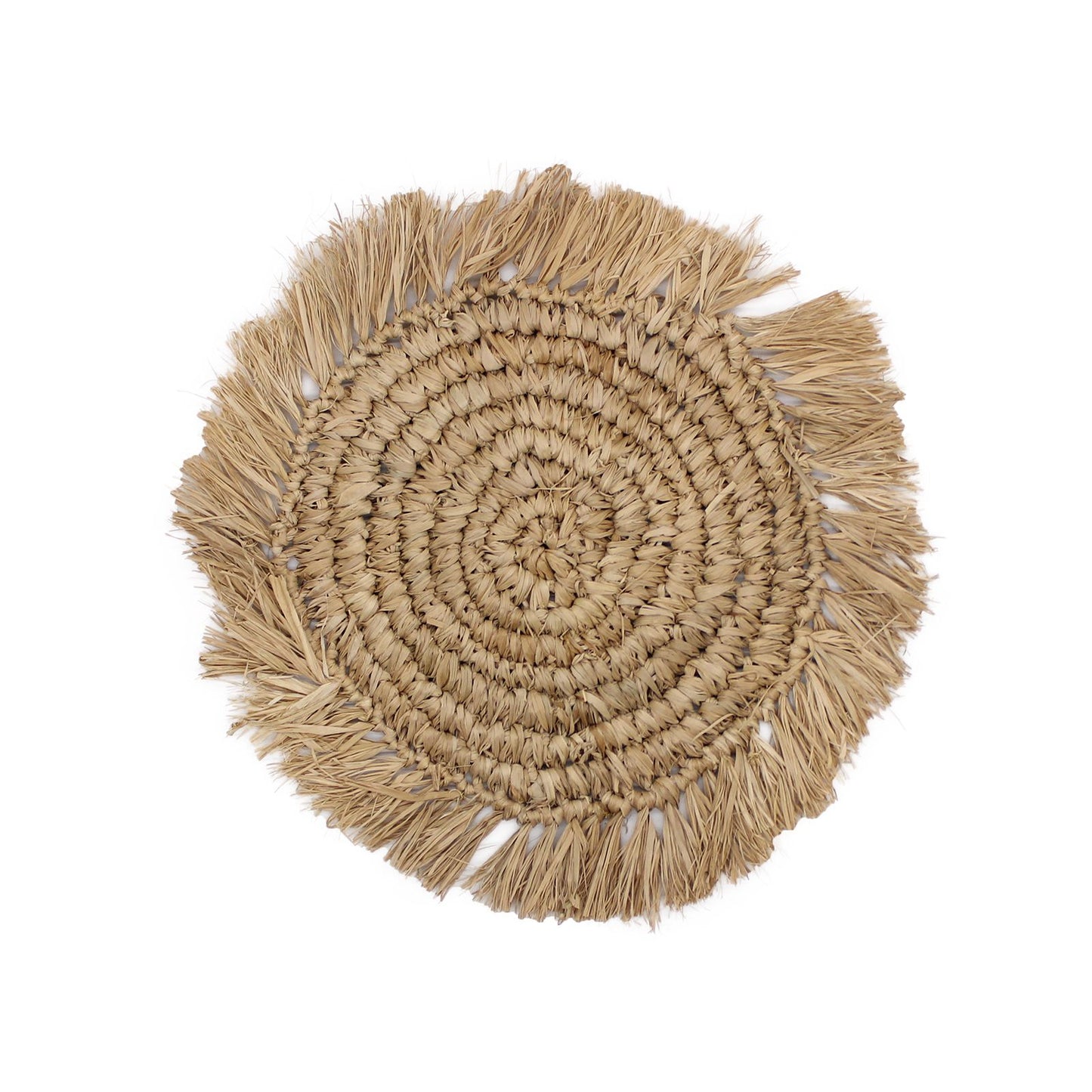Mantel de yute redondo color natural con flecos, estilo rústico y bohemio, ideal para decoración de mesas.