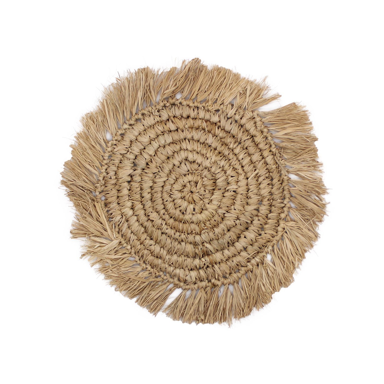 Mantel de yute redondo color natural con flecos, estilo rústico y bohemio, ideal para decoración de mesas.