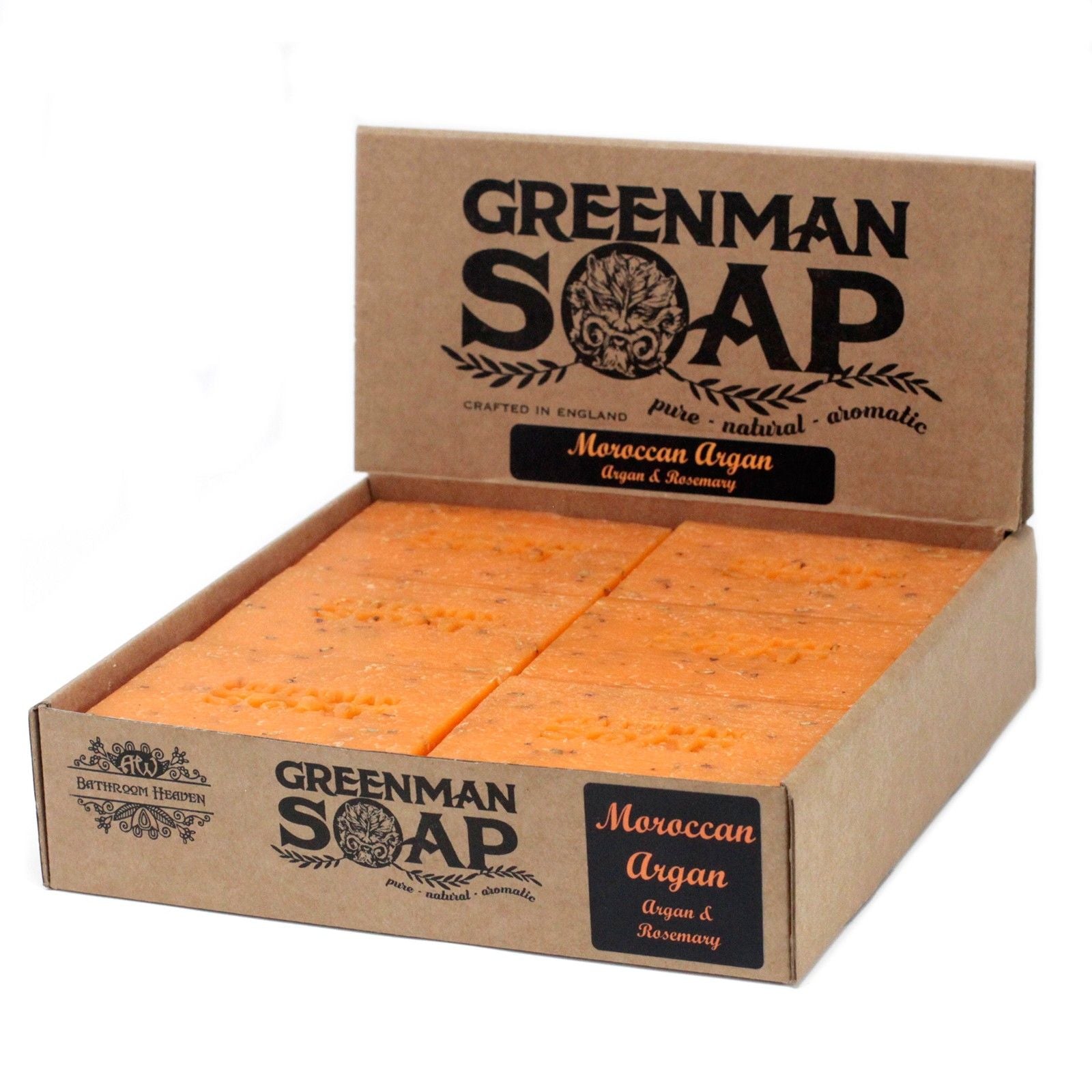 Caja de cartón artesanal con seis jabones naranjas de argán marca Greenman Soap. Estilo rústico y natural.