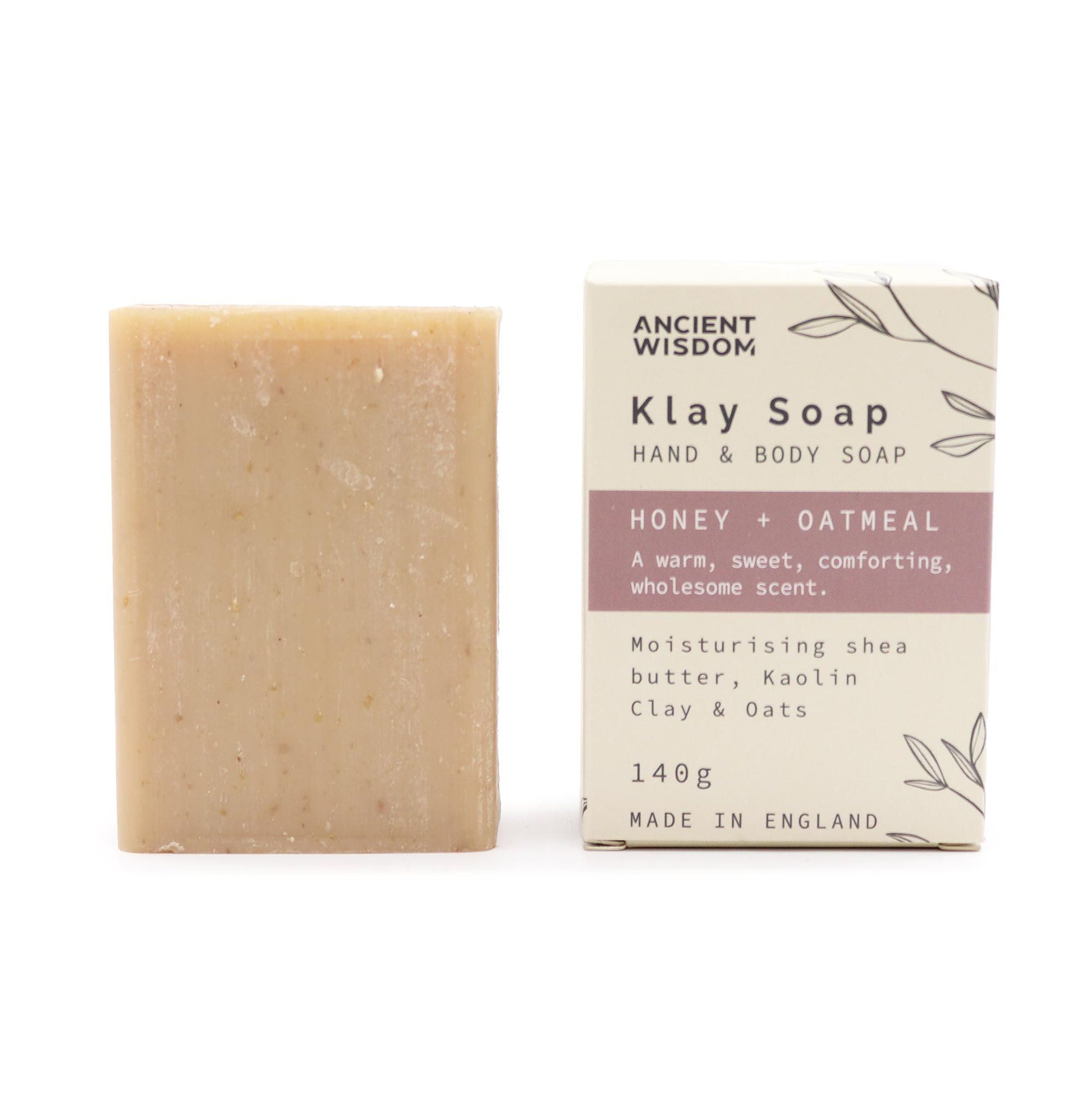 Jabón Klay de miel y avena, color beige, con manteca de karité y arcilla, 140g, hidratante y reconfortante.