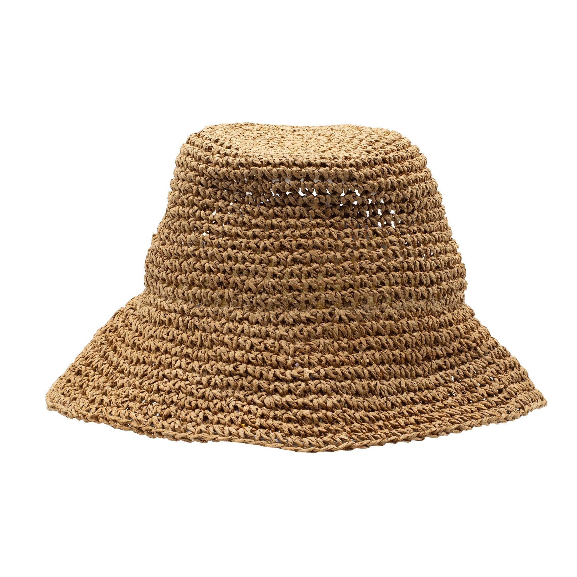 Sombrero de paja trenzada color marrón claro, estilo cubo, ideal para verano y días soleados.