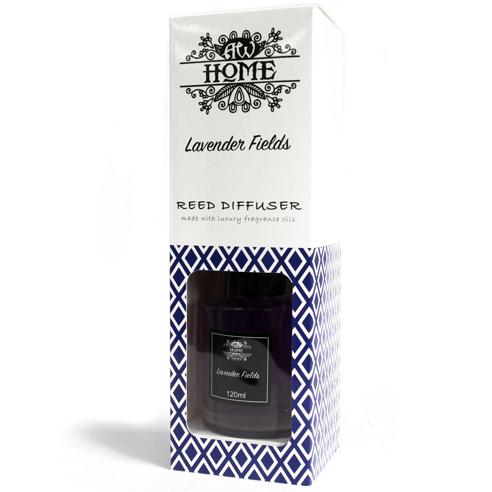 Difusor de caña "Lavender Fields" de 120 ml, envase negro y azul, elegante, con aroma a lavanda.