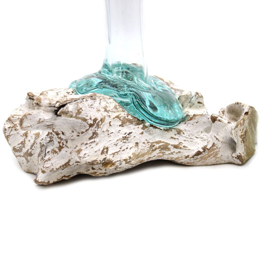 Vidrio fundido soplado a mano sobre madera blanqueada diseño único 1.6kg