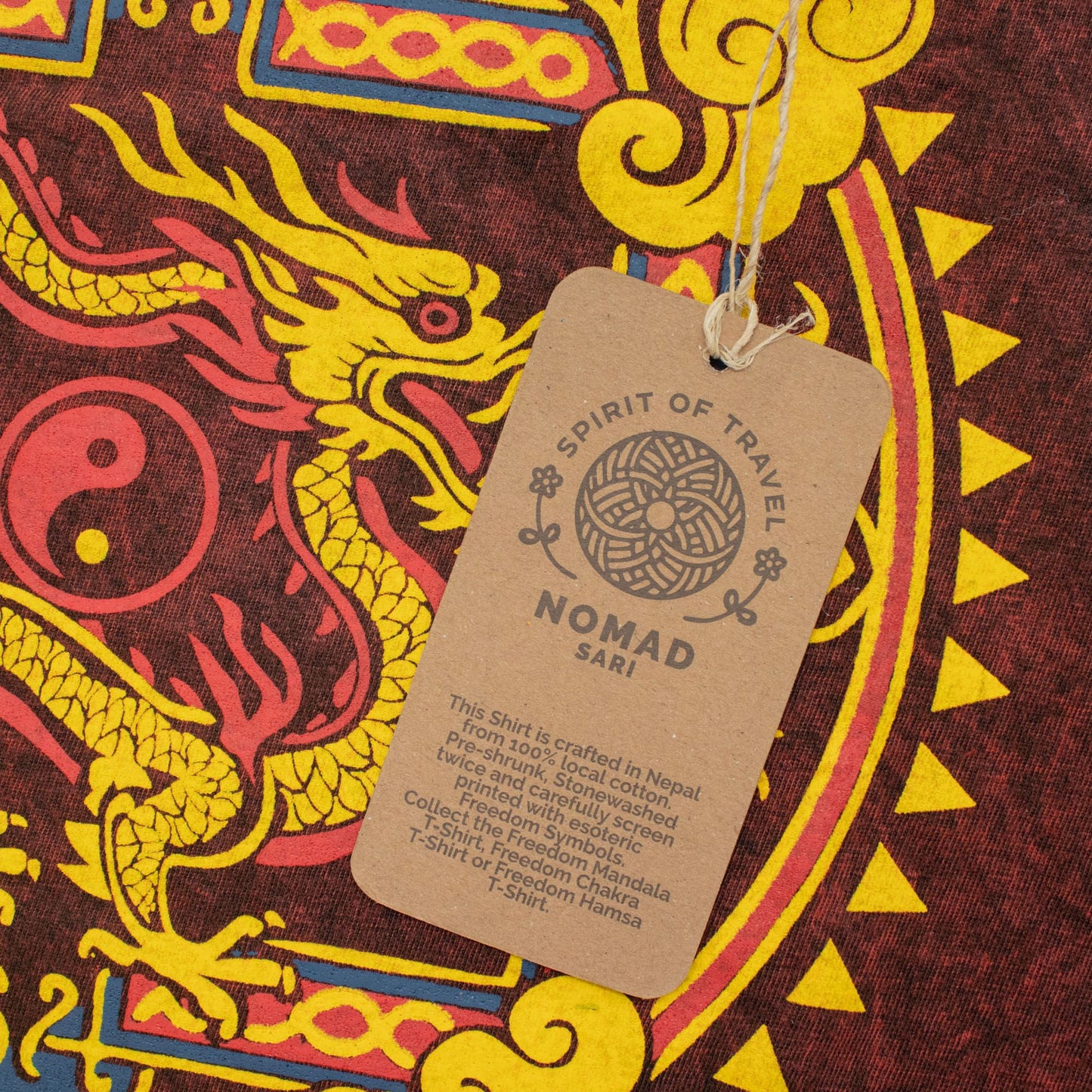 Nomad Sari Camiseta de algodón lavado a piedra - Mandala de Dragón - Granate - XL