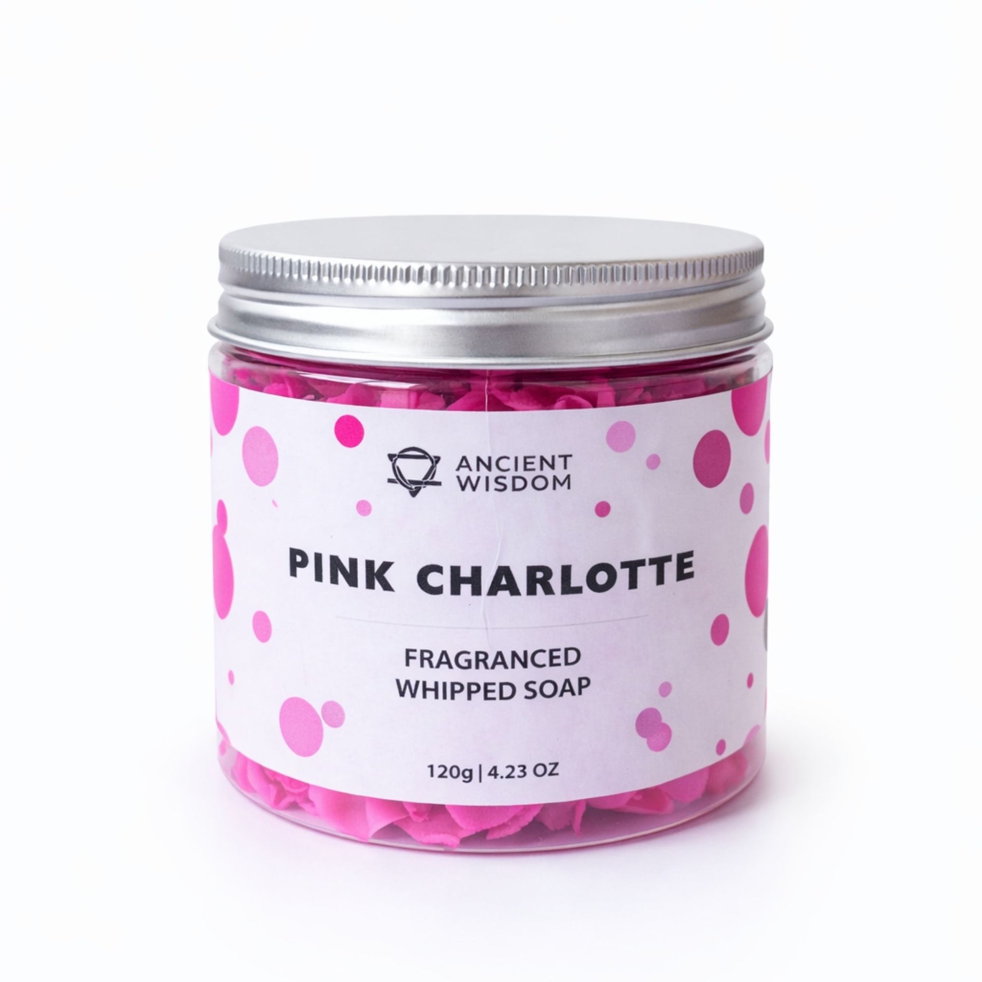 Jabón batido fragante "Pink Charlotte", en frasco con tapadera plateada, color rosa brillante, 120g.
