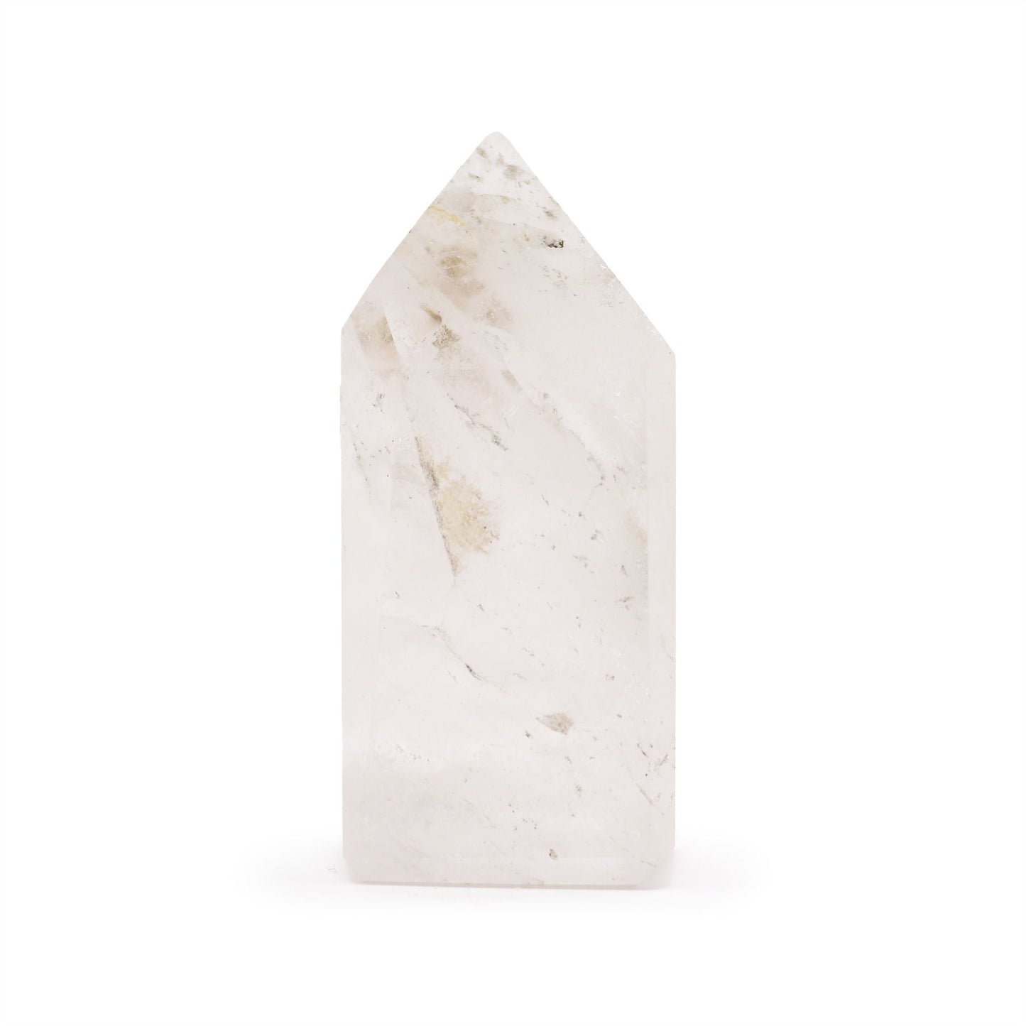 Piedra de cuarzo transparente en forma de pirámide, con destellos dorados, ideal para decoración y energía positiva.
