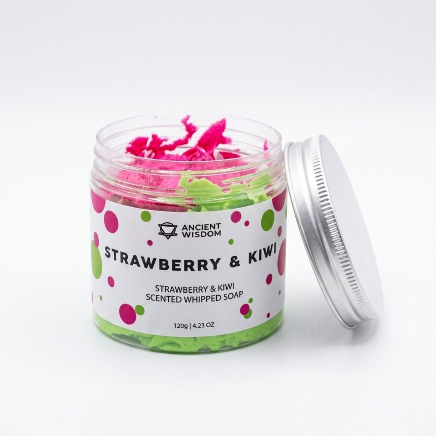 Jabón batido aromatizado a fresa y kiwi, frasco de 120 g con coloridos detalles rosa y verde.