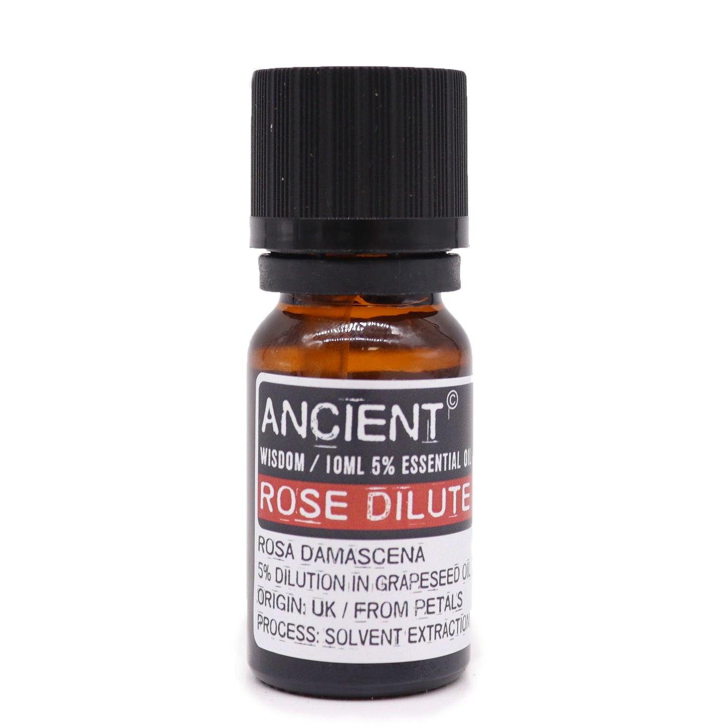Aceite diluido de rosa damascena, 10 ml, en frasco ámbar, extracto en aceite de uva, aroma suave y floral.