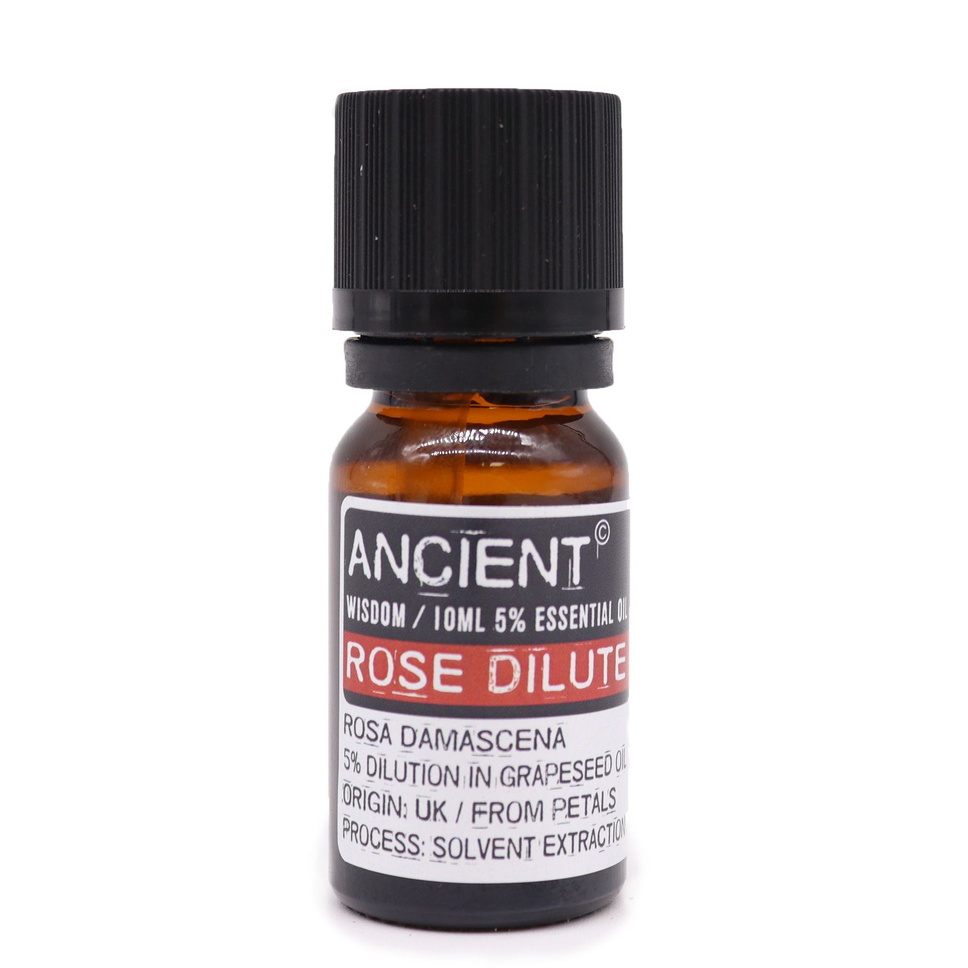 Aceite diluido de rosa damascena, 10 ml, en frasco ámbar, extracto en aceite de uva, aroma suave y floral.