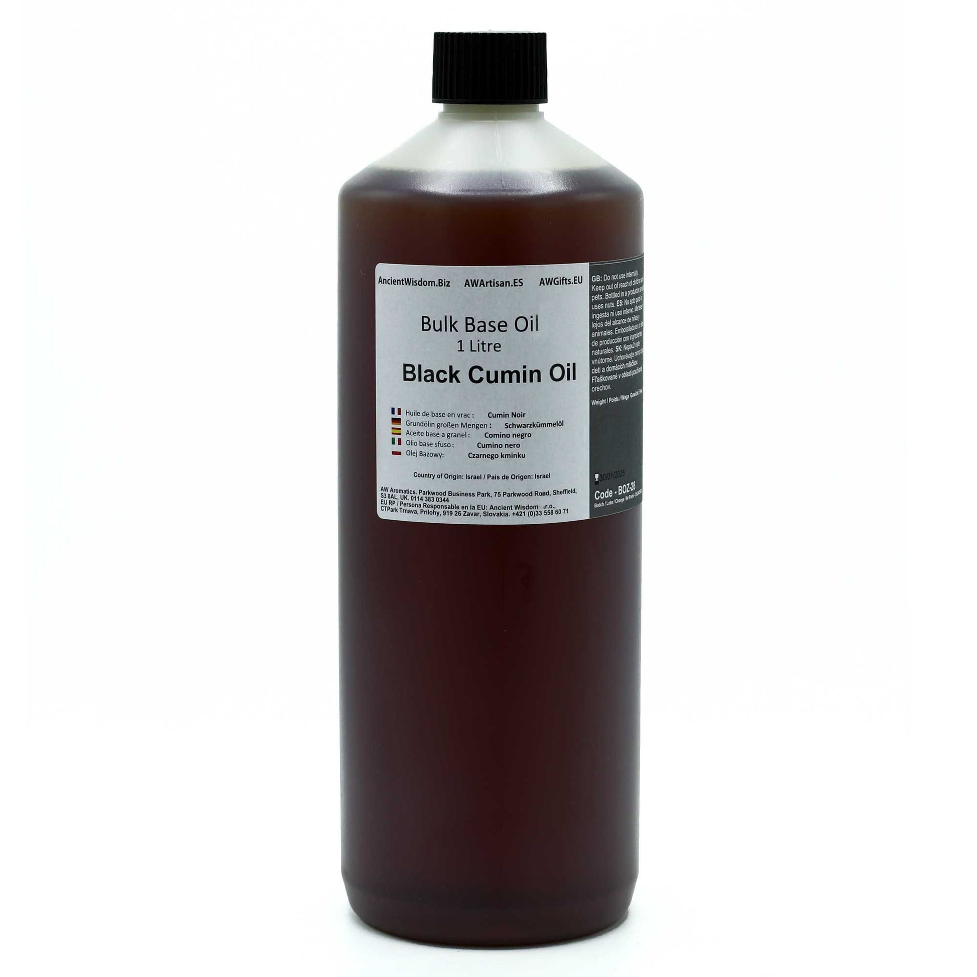 Aceite de comino negro, 1 litro, color marrón oscuro, envase de plástico, ideal para uso culinario y cosmético.