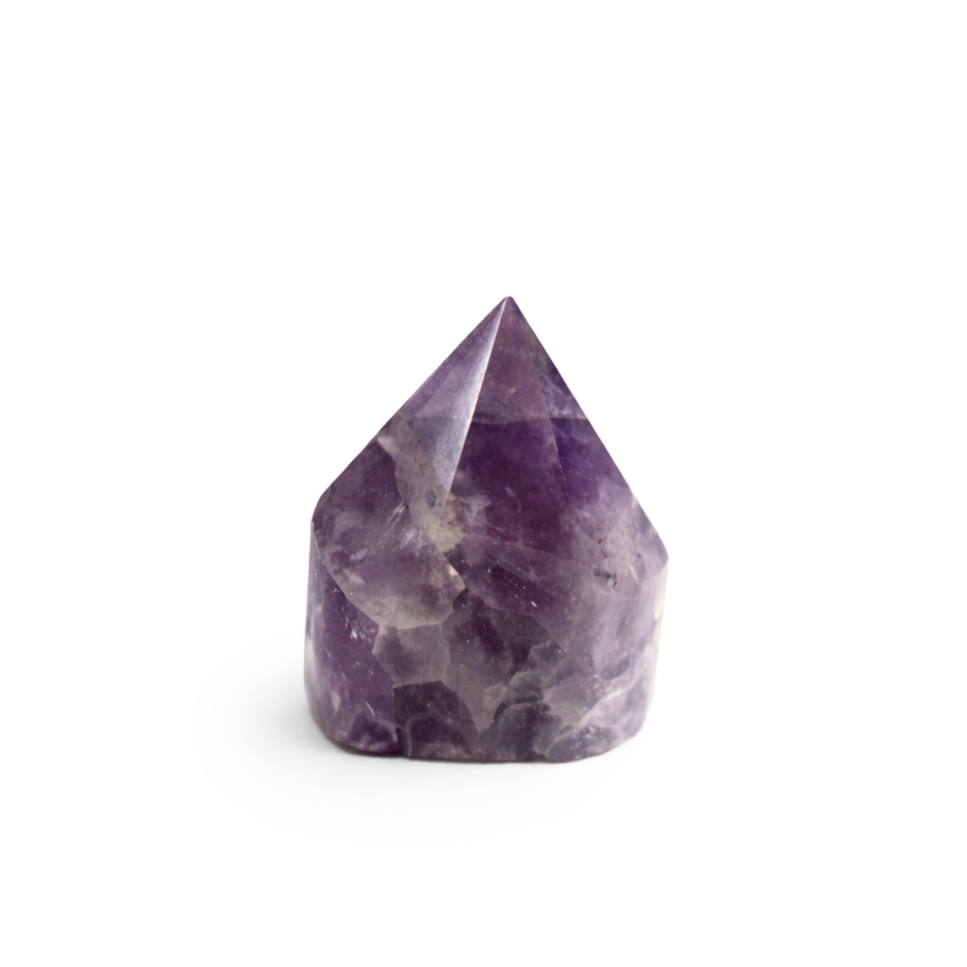 Punta de cristal de amatista morado, tallada con forma de pirámide, material natural y elegante para decoración.