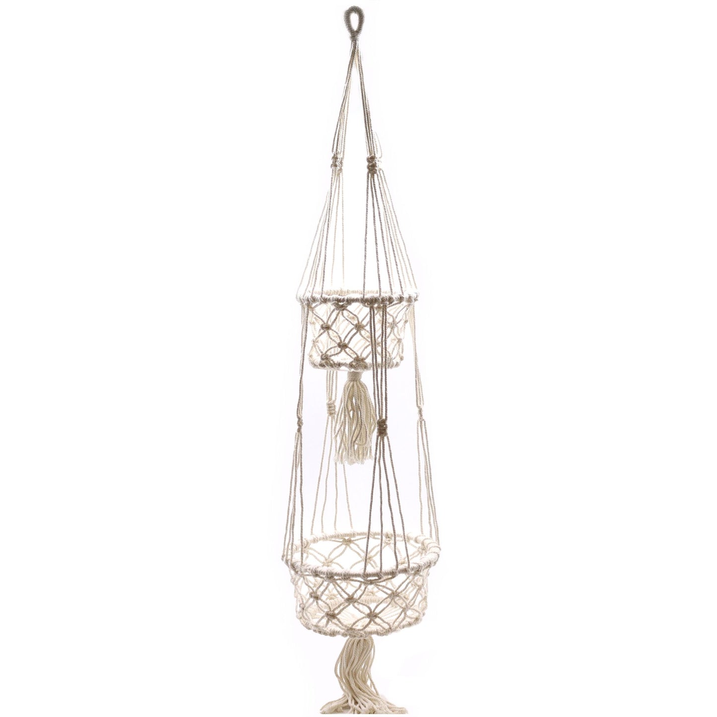 Macramé colgante beige de dos niveles, hecho de cuerda de algodón, ideal para decorar plantas en interiores.