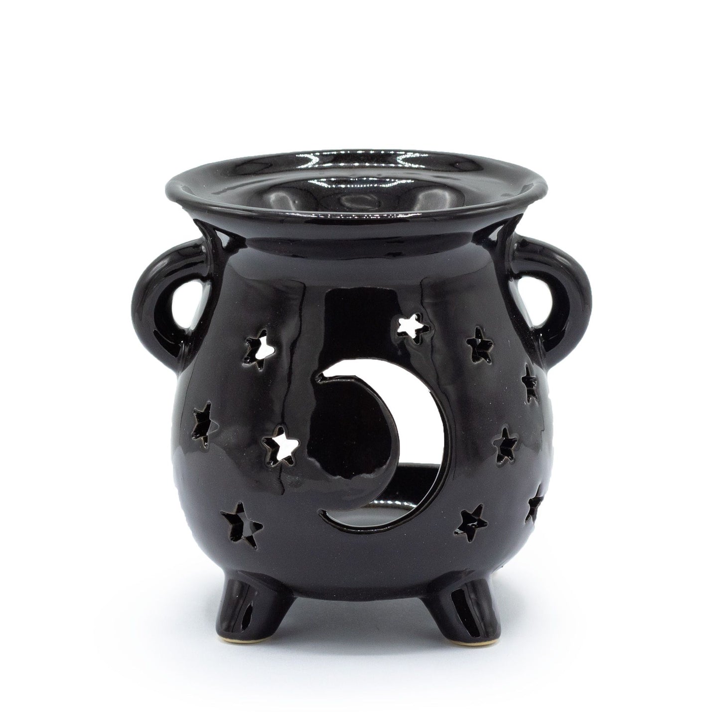 Cerámica negra con detalles de luna y estrellas, estilo moderno, quemador de aceites esenciales.