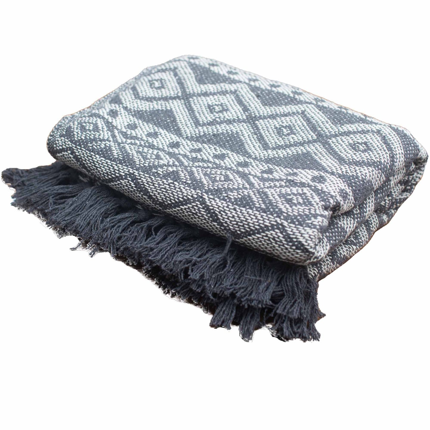 Manta de algodón gris con diseño geométrico y flecos, ideal para decoración y confort.