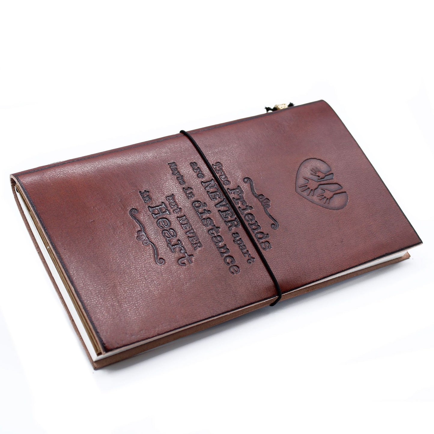 Cuaderno de cuero marrón estilo vintage con grabado de corazones y frases motivacionales. Ideal para anotar pensamientos.