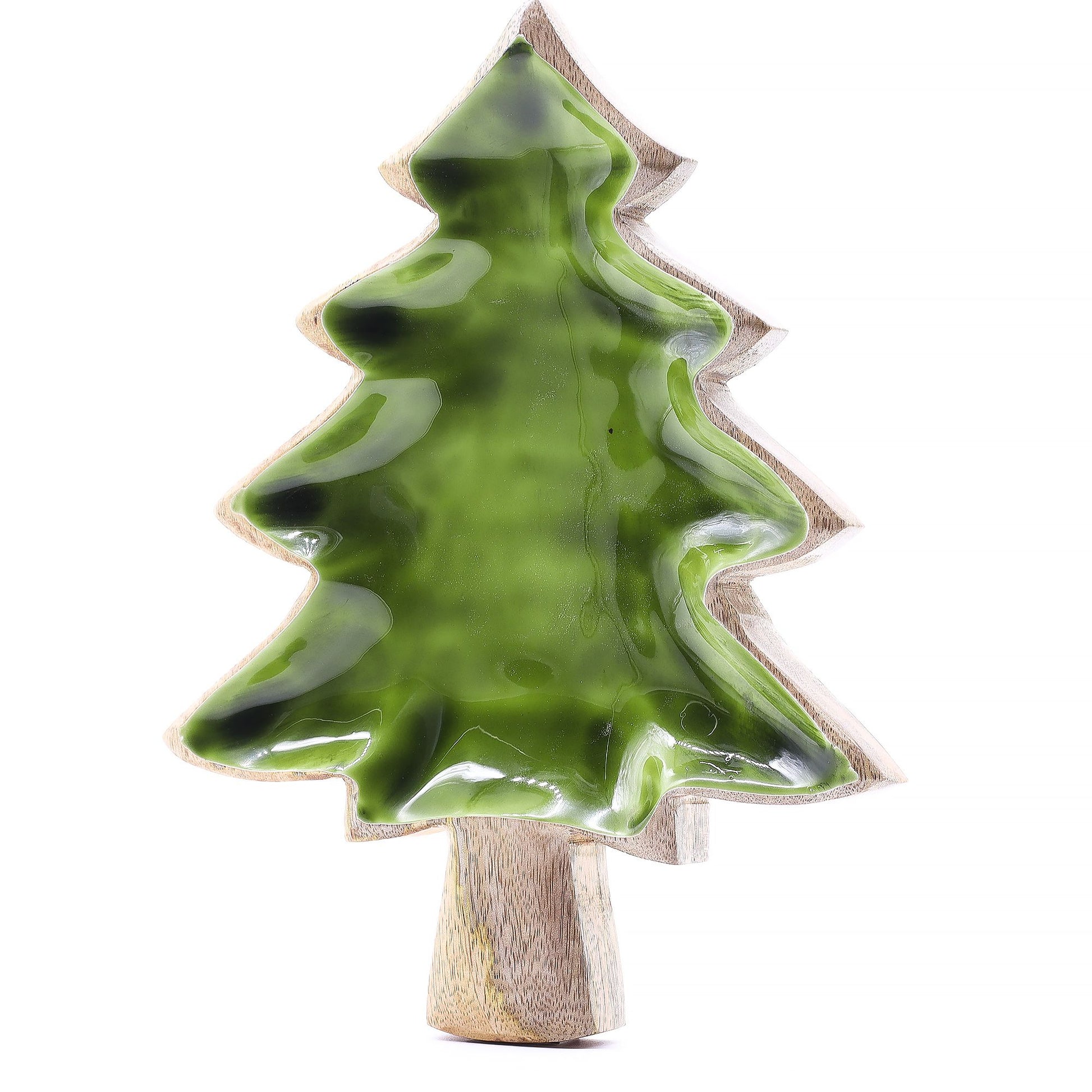 Árbol decorativo de madera con acabado en resina verde, estilo rústico, ideal para decoración navideña.