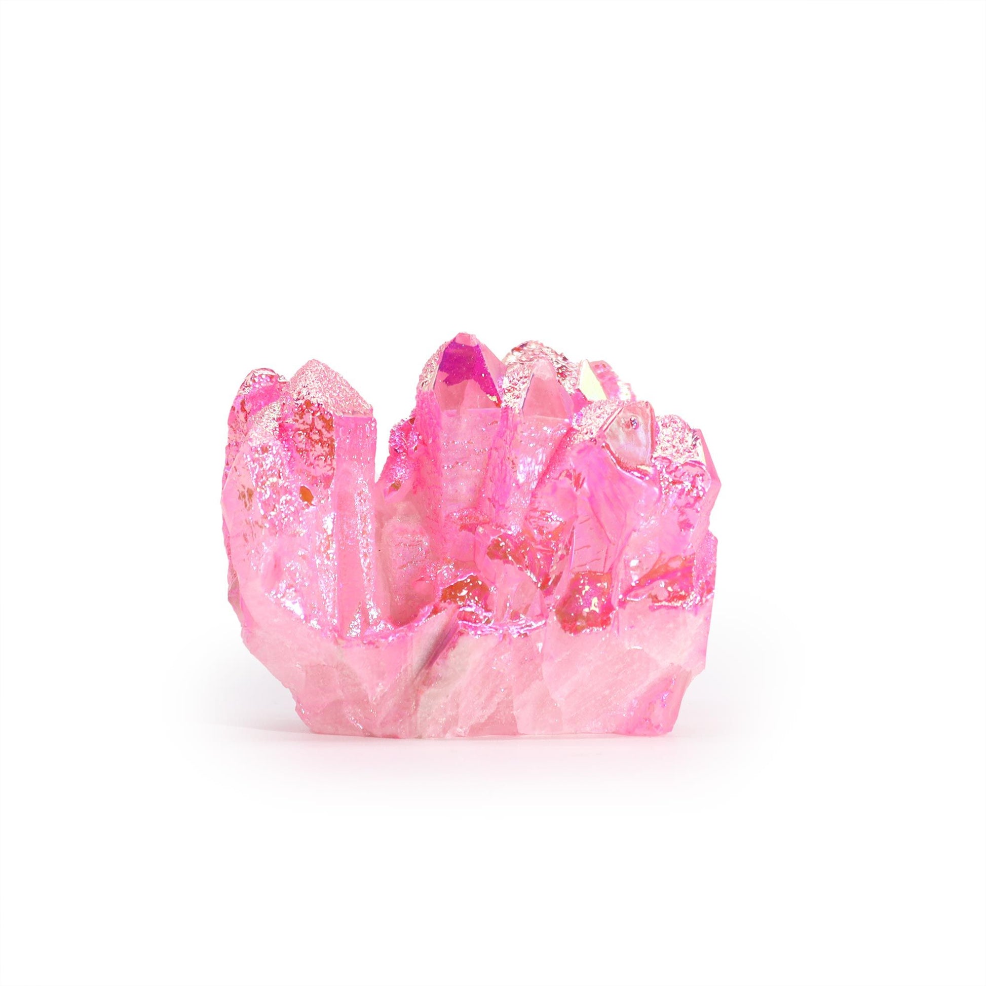 Cristal rosa brillante con puntas afiladas, ideal para decoración o coleccionistas. Material: mineral natural.