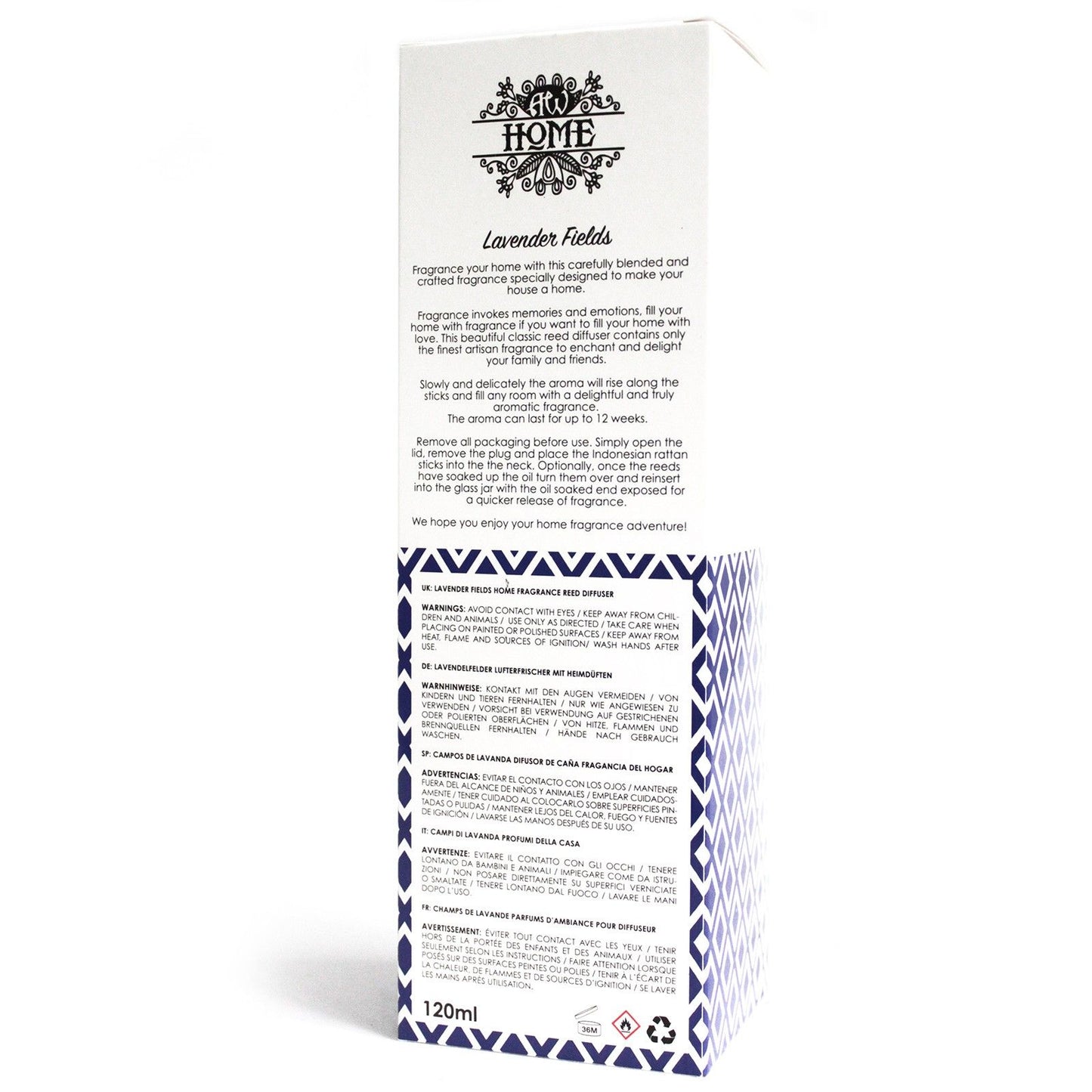 Spray aromático "Lavender Fields" de 120ml, diseño elegante en azul y blanco, aroma fresco y relajante.
