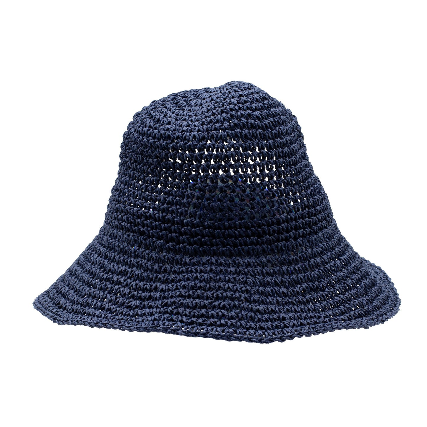 Sombrero de paja tejido en color azul marino, estilo bucket, ideal para el verano y la playa.