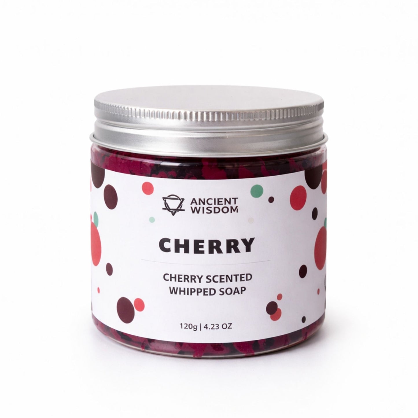 Jabón batido de cereza en frasco de 120g, aroma dulce, con colores rojo y rosa, diseño moderno y elegante.