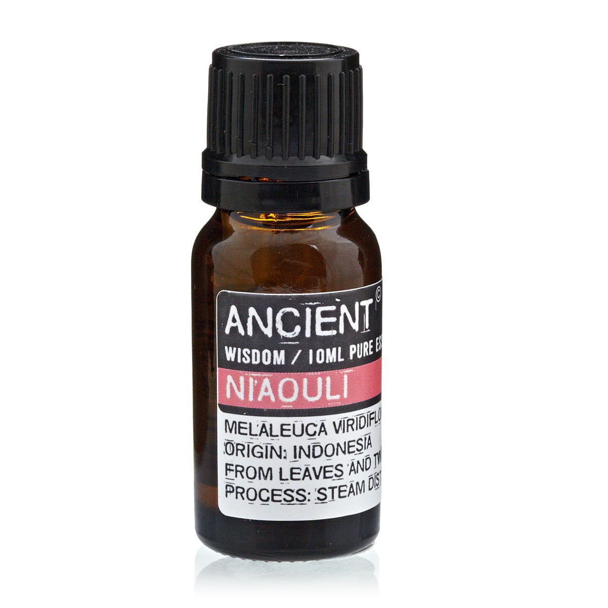 Aceite esencial de Niaouli 10ml, envase ámbar, aroma fresco, pureza 100%, origen Indonesia.