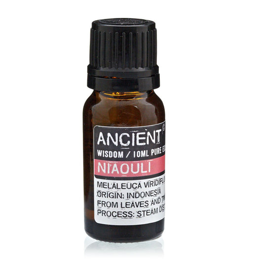Aceite esencial de Niaouli 10ml, envase ámbar, aroma fresco, pureza 100%, origen Indonesia.