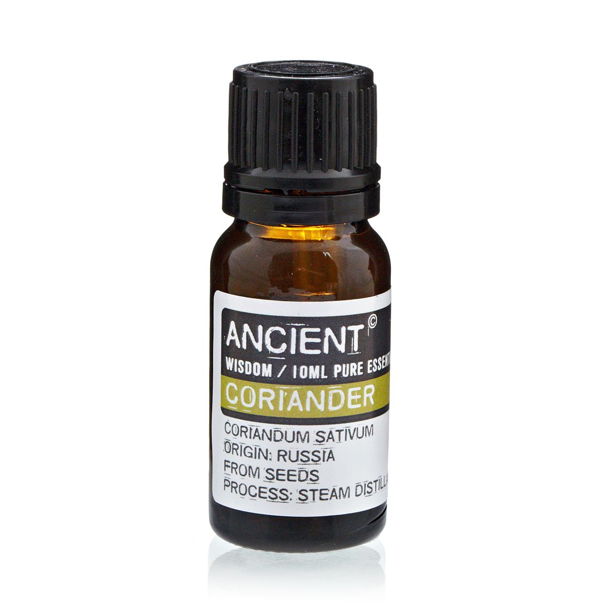 Aceite esencial de cilantro en frasco ámbar, 10 ml, extraído de semillas, destilación al vapor.
