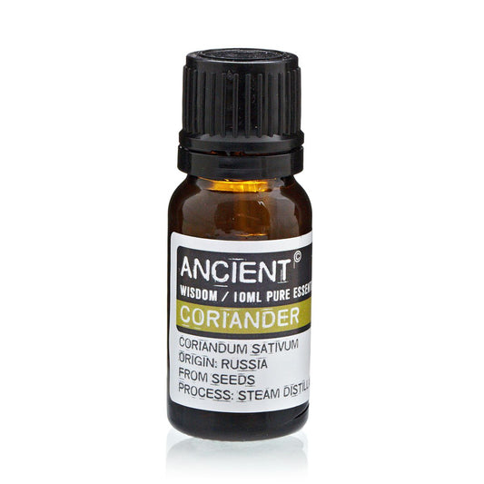 Aceite esencial de cilantro en frasco ámbar, 10 ml, extraído de semillas, destilación al vapor.