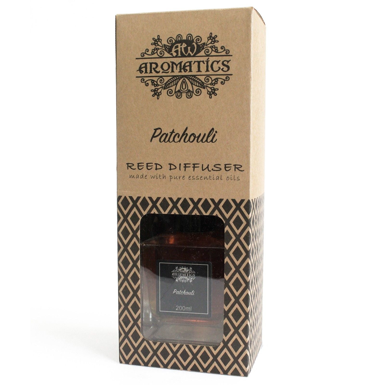 Difusor de cañas de patchouli, 200 ml, caja beige con diseño geométrico, envase oscuro, aroma natural.