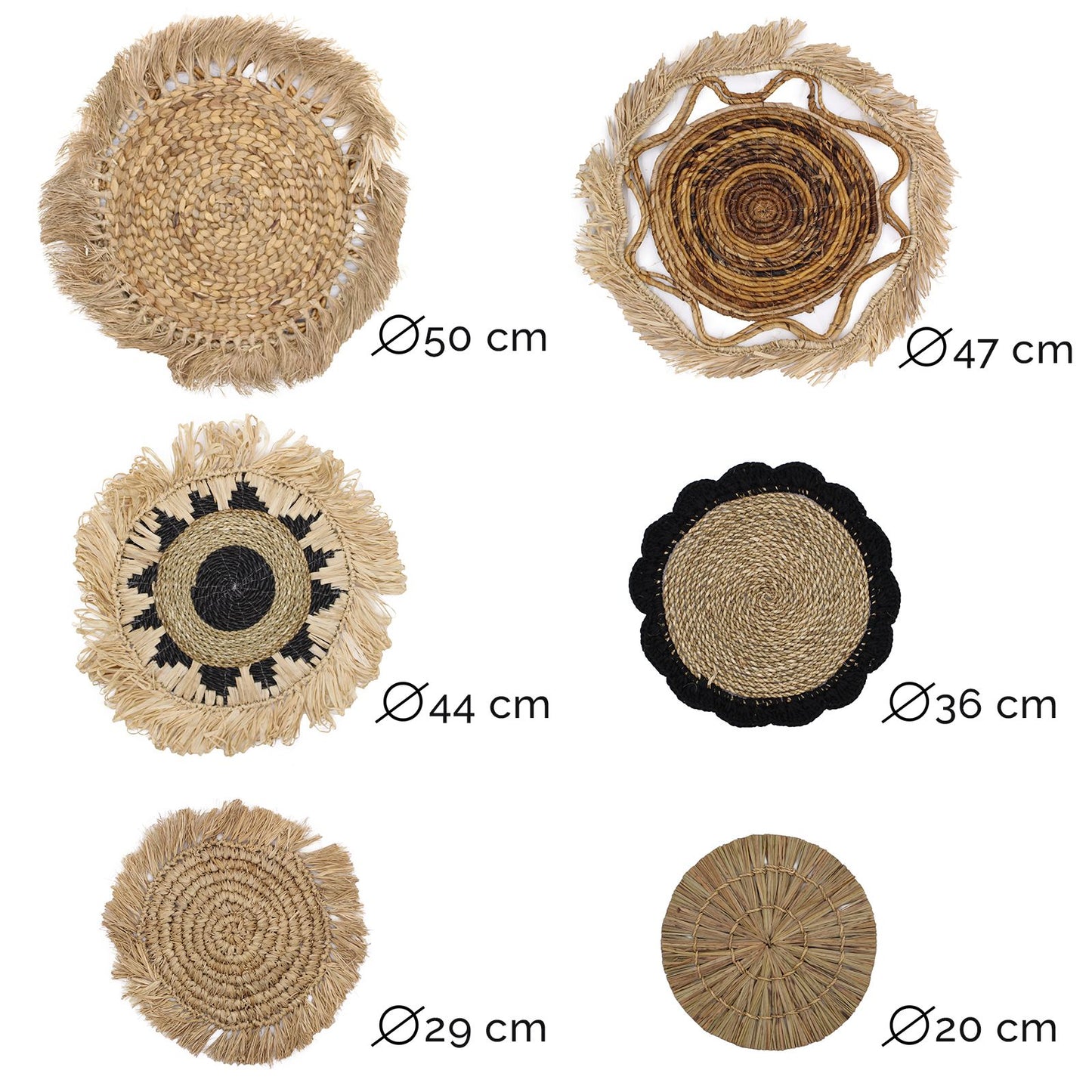 Decorativos de mimbre naturales en colores beige, negro y marrón, tamaños variados, estilo boho y artesanal.