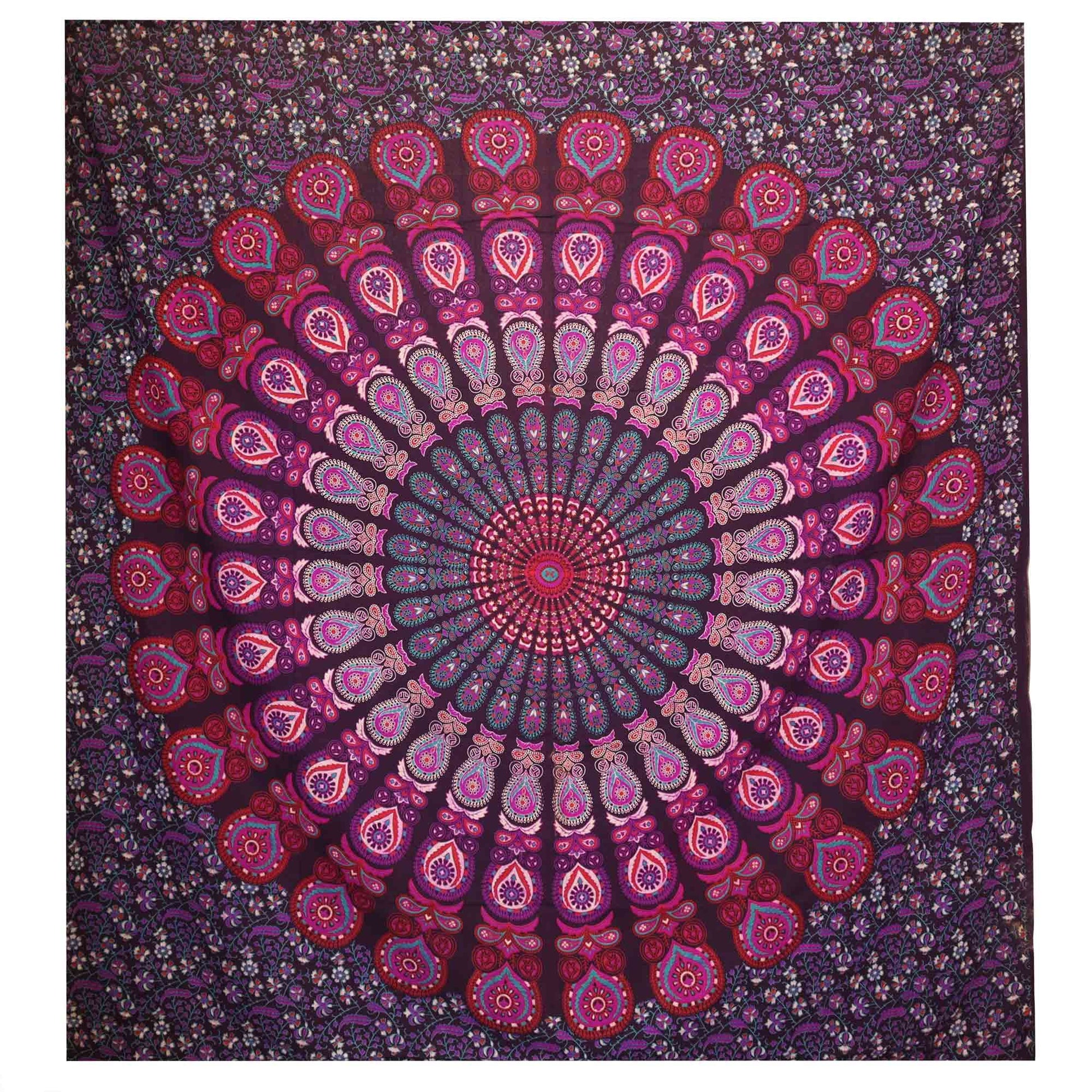 Tapestry mandala circular en tonos púrpura y rosa, 100% algodón, estilo bohemio para decoración.