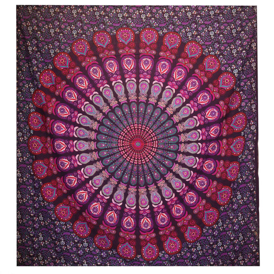 Tapestry mandala circular en tonos púrpura y rosa, 100% algodón, estilo bohemio para decoración.
