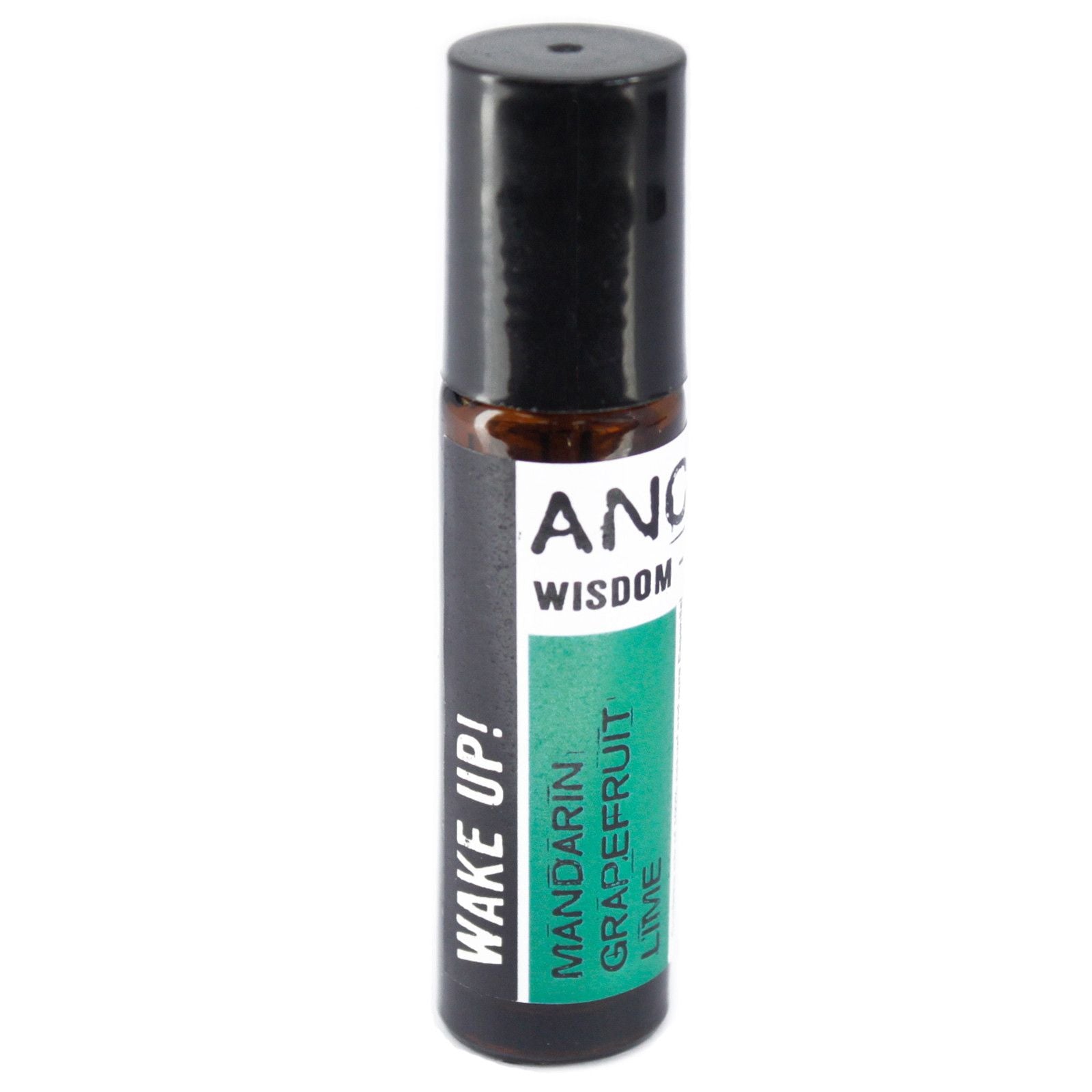 Roll-on aromático de mandarina, pomelo y lima en envase negro y verde, ideal para energizar y revitalizar.