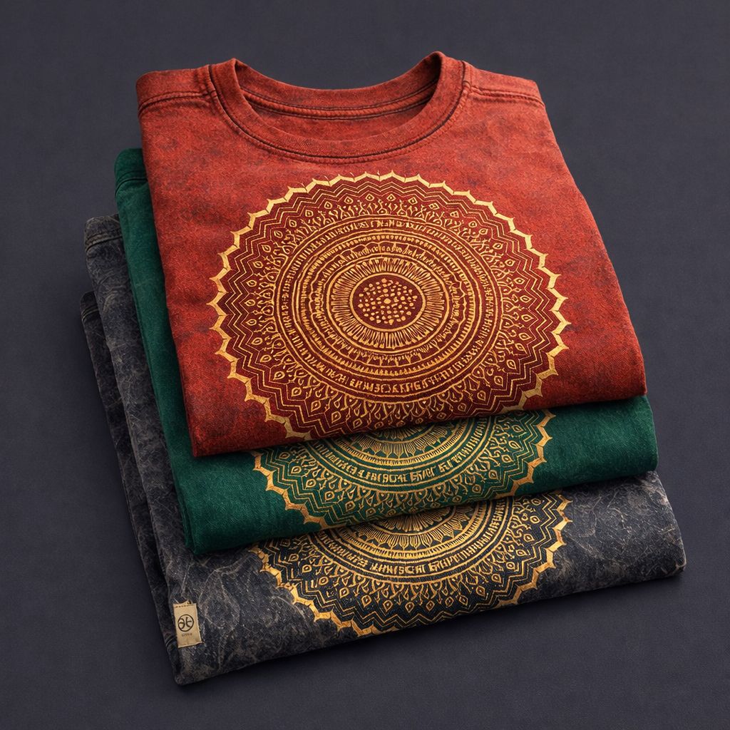 Camisetas de algodón en rojo, verde y negro con estampado mandala dorado, estilo bohemio y cómodo.