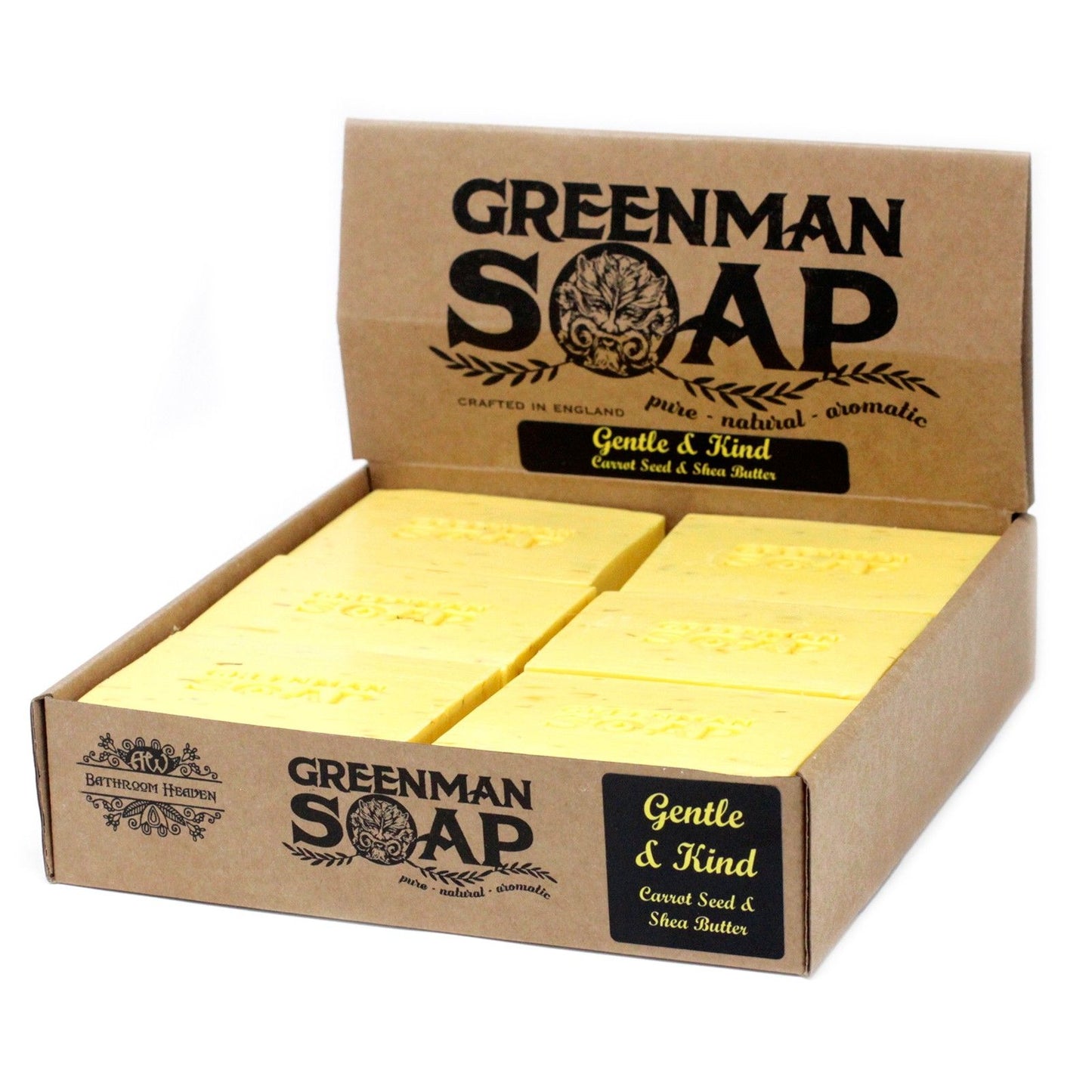 Caja de cartón artesanal con seis barras de jabón amarillo "Greenman" de manteca de karité y semilla de zanahoria.