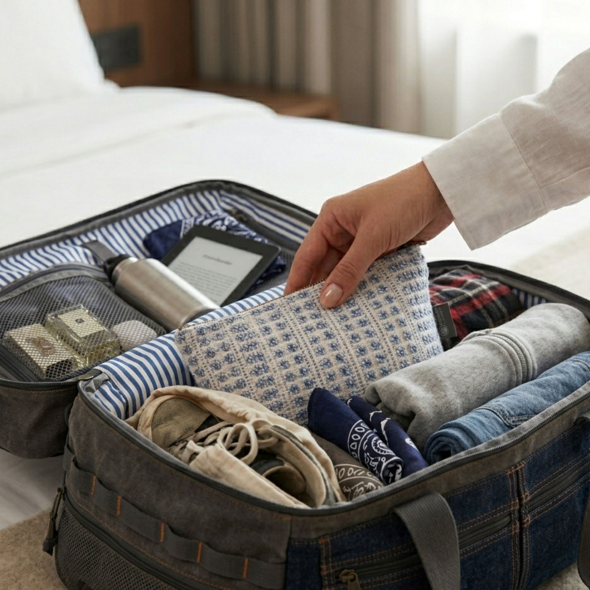 Maleta gris con compartimentos organizadores, ropa enrollada en colores azul y gris, ideal para viajes.
