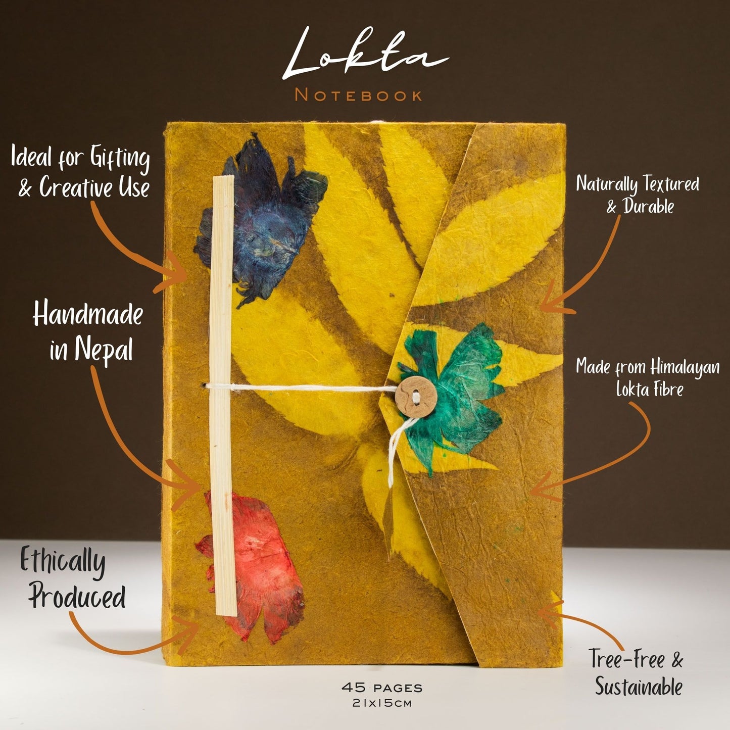Cuaderno Lokta hecho a mano en Nepal, color amarillo con hojas secas, 45 páginas, sostenible y ético.