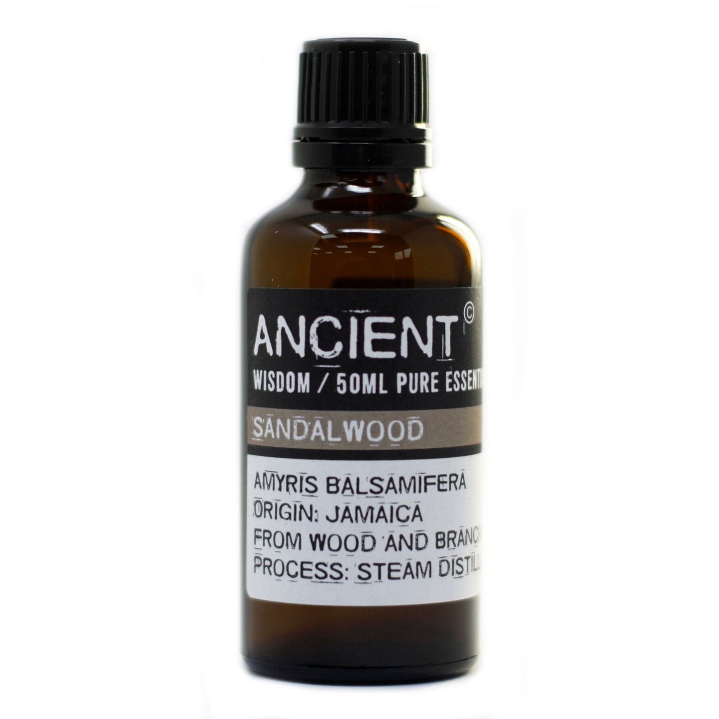 Aceite esencial de sándalo 50ml, botella marrón, origen Jamaica, destilado de madera y ramas.