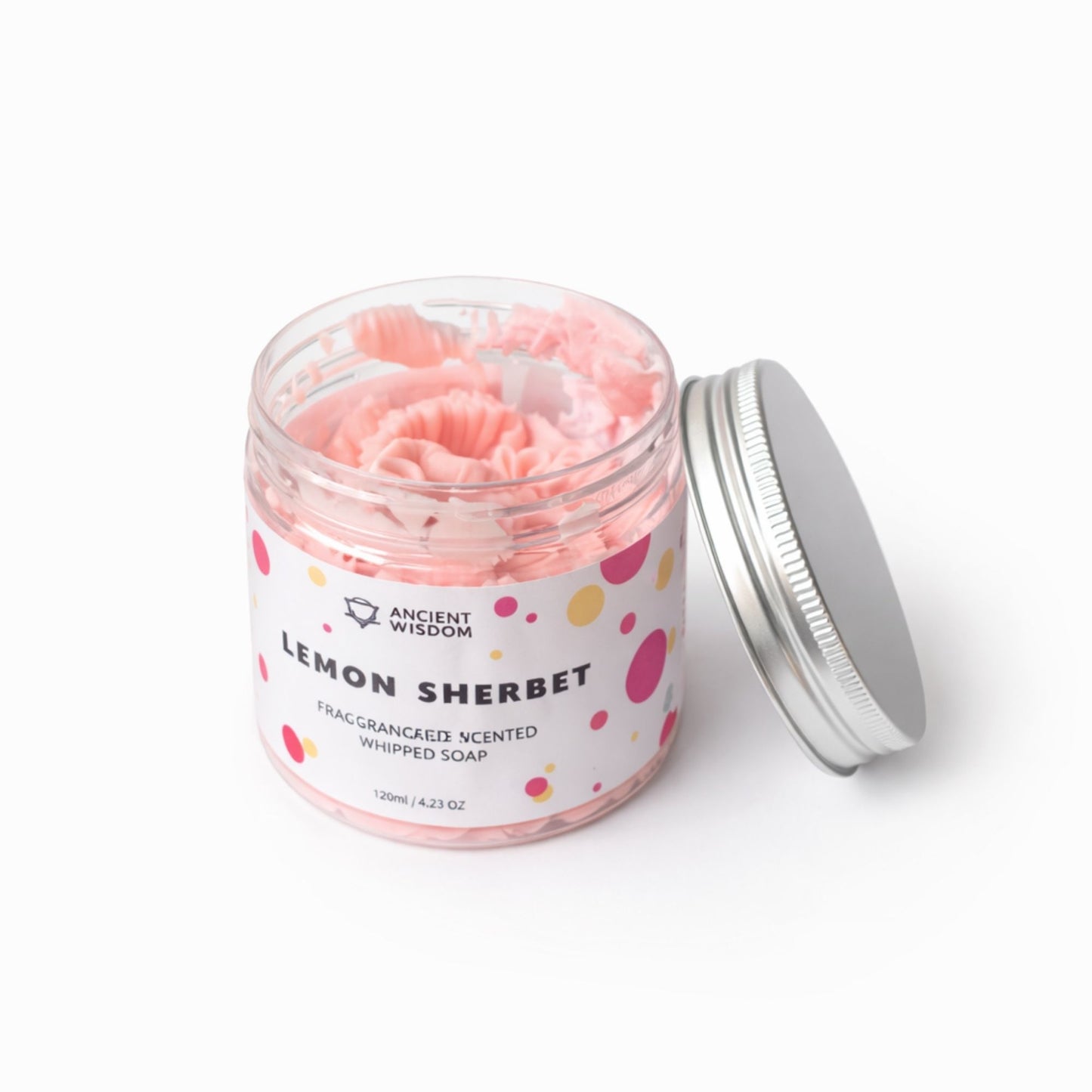 Jabón batido de limón en frascos rosa y blanco, con tapa plateada, 120 ml, aroma fresco y afrutado.