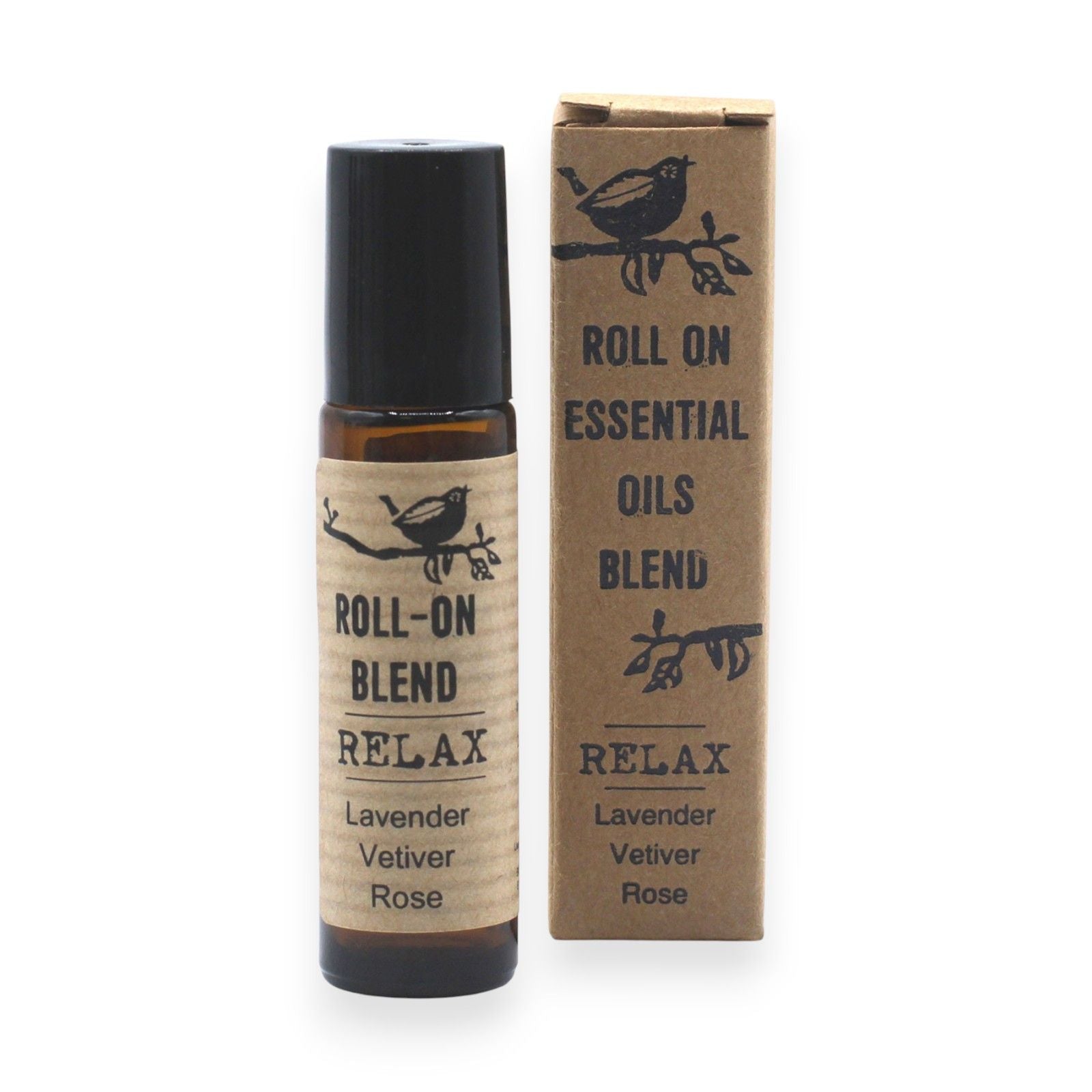 Frasco roll-on de vidrio ámbar y caja de cartón artesanal con etiqueta de estilo rústico y estampado de pájaro.