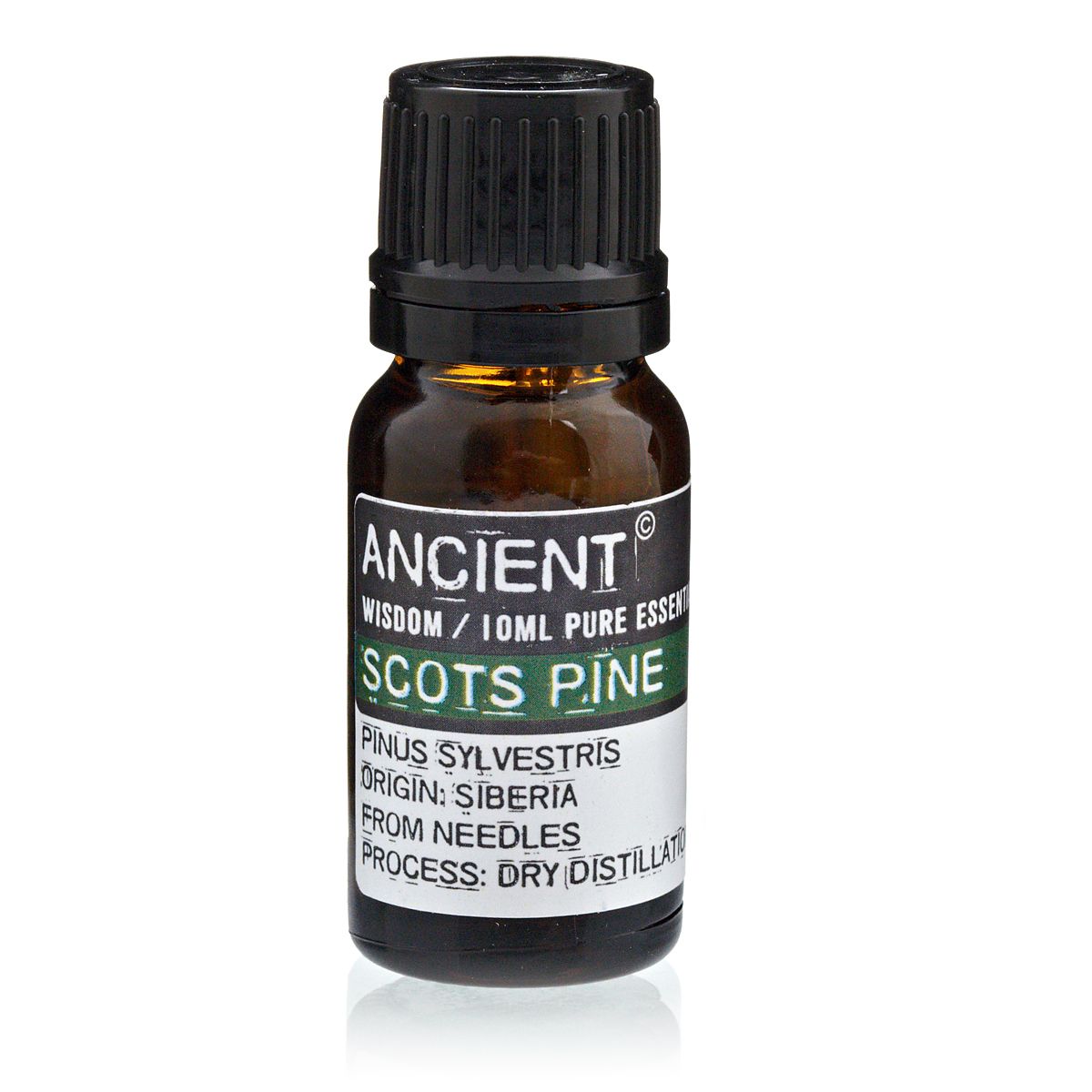 Aceite esencial de pino escocés (10ml), color ámbar, botella de vidrio, aroma fresco y natural, destilación en seco.