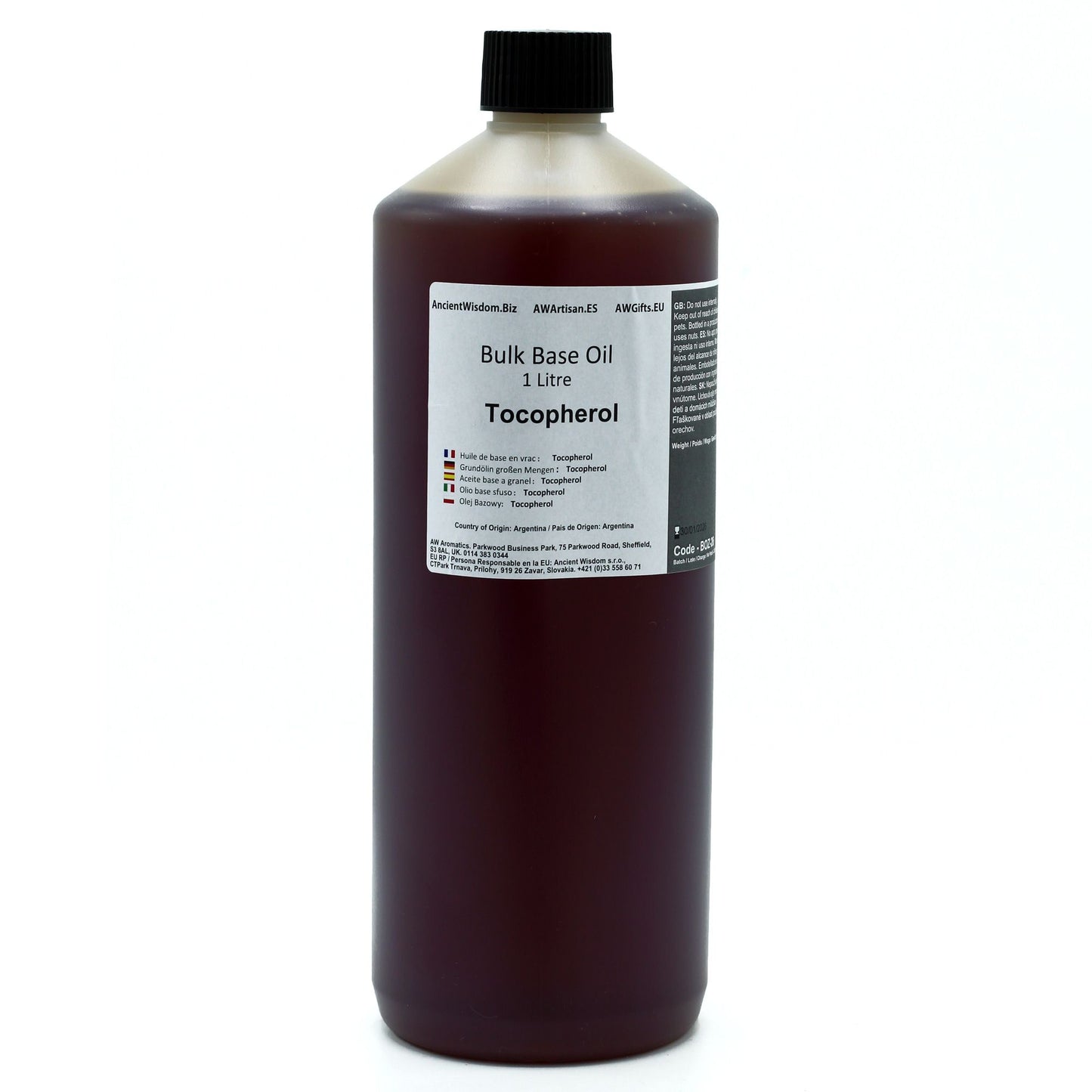 Aceite base en botella de 1 litro, color marrón, con tocoferol, ideal para cosméticos y cuidado personal.