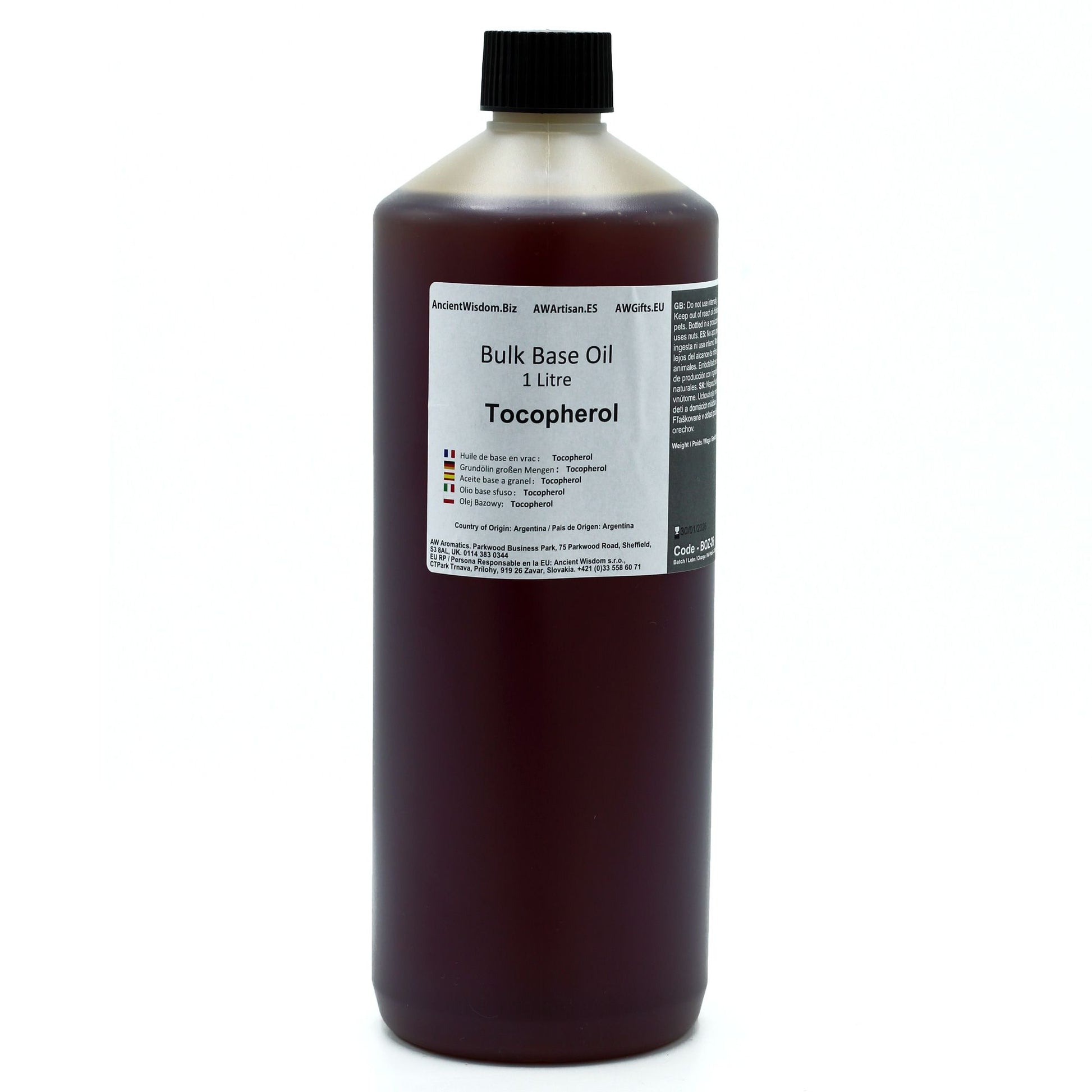 Aceite base en botella de 1 litro, color marrón, con tocoferol, ideal para cosméticos y cuidado personal.