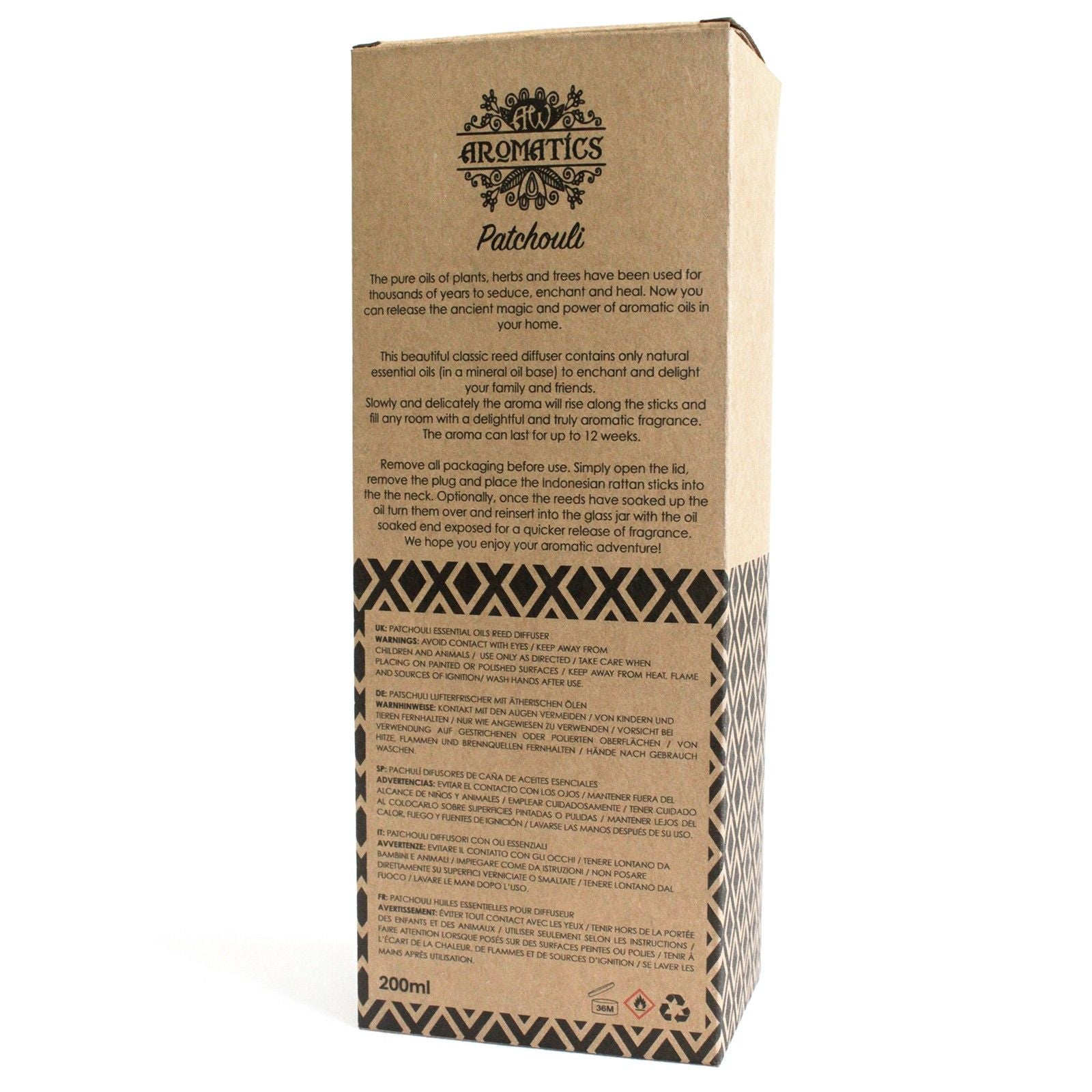 Caja de aromatizantes Patbout de 200 ml, color marrón kraft con diseño geométrico negro. Ideal para hogar.