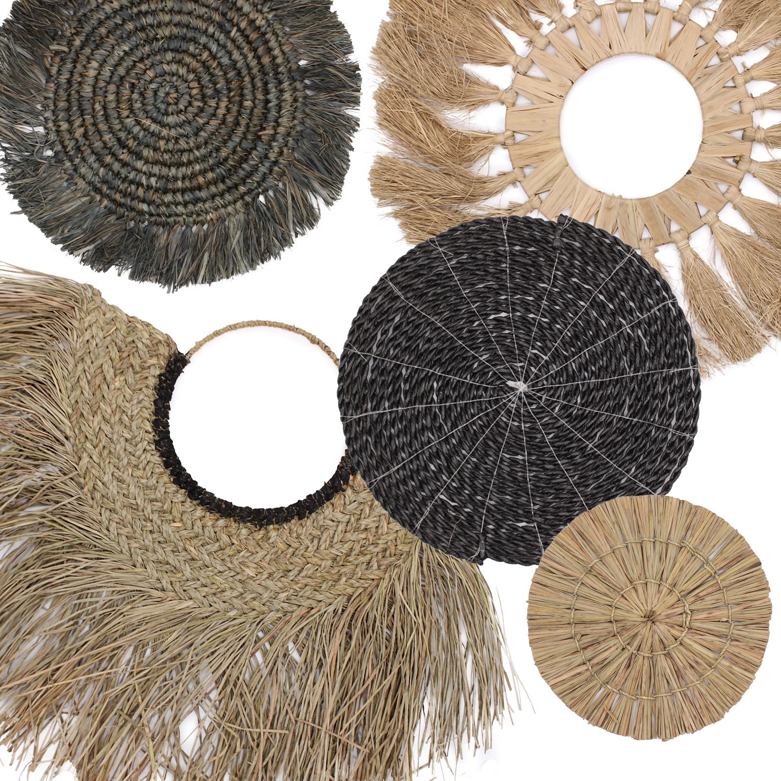 Conjunto de manteles de yute natural y fibras en tonos marrón, negro y beige, estilo bohemio, decorativos.