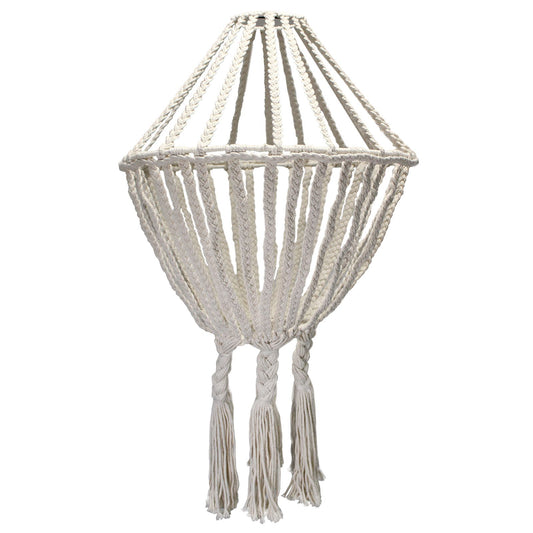 Lámpara de techo estilo macramé color natural, forma de gota con tejido trenzado y borlas decorativas en la base.