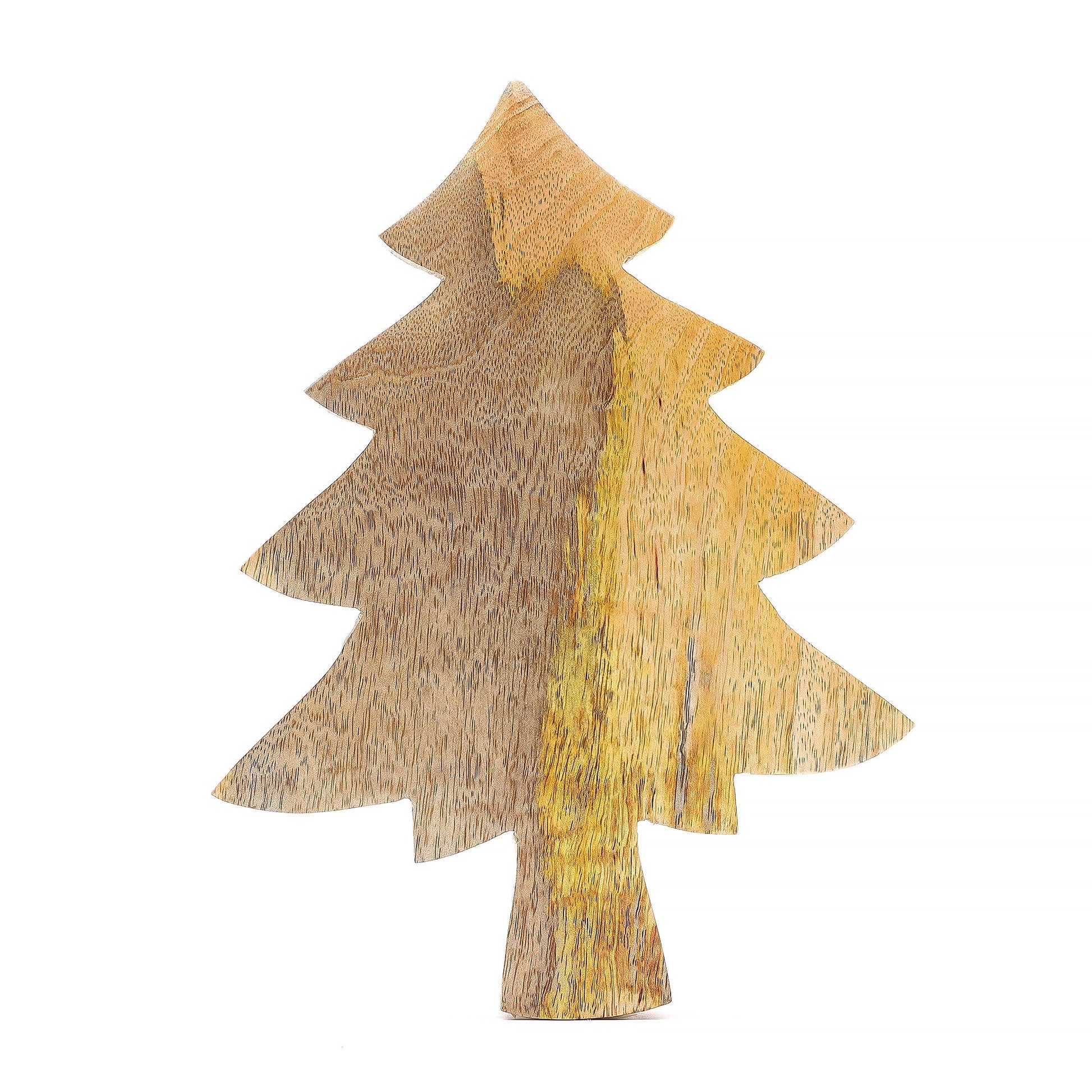 Adorno navideño de madera en forma de árbol, tonalidades doradas y marrones, estilo rústico y natural.