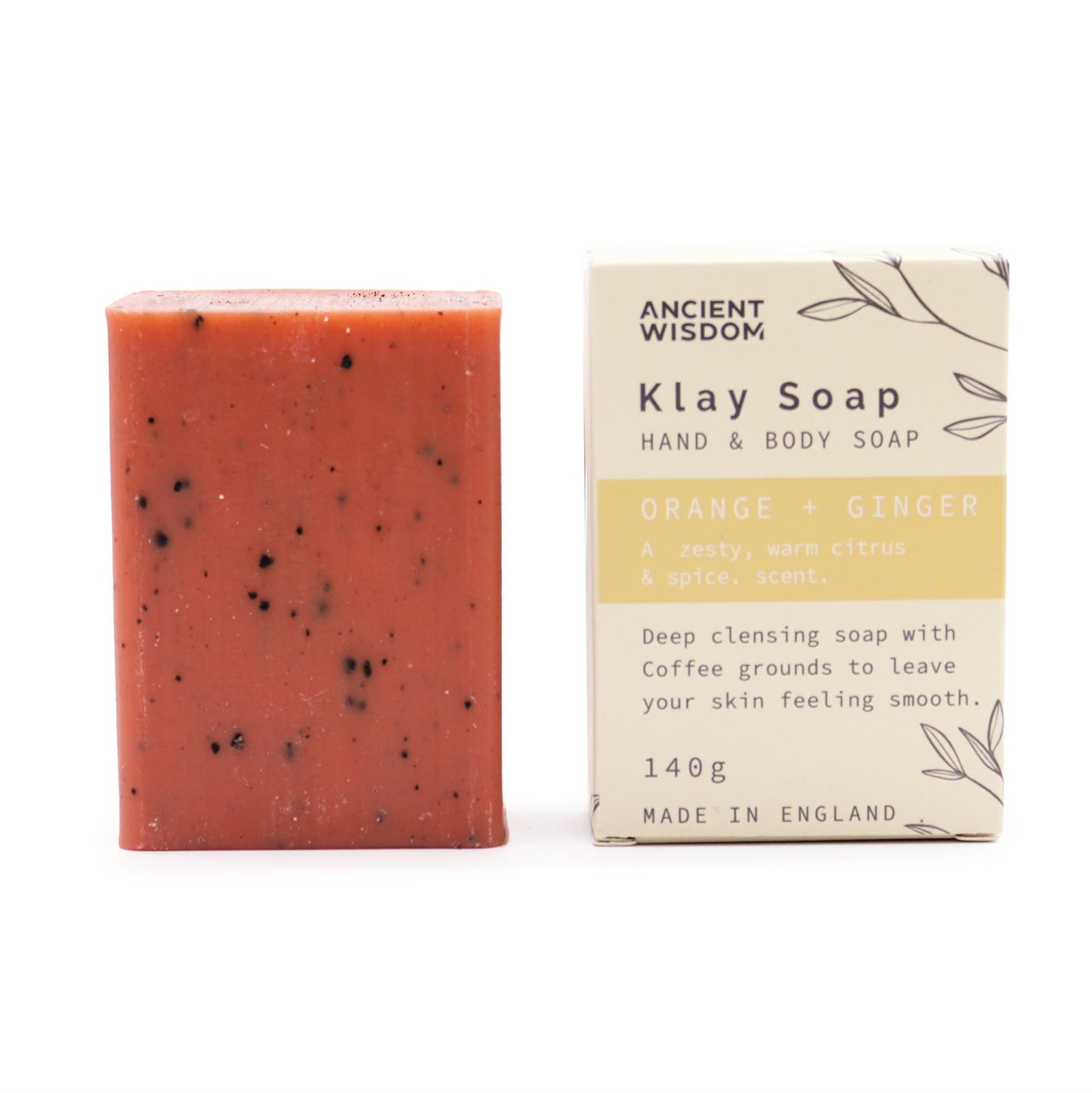 Jabón Klay naranja y jengibre, 140g, con gránulos de café, color durazno, aroma cítrico y especiado, hecho en Inglaterra.